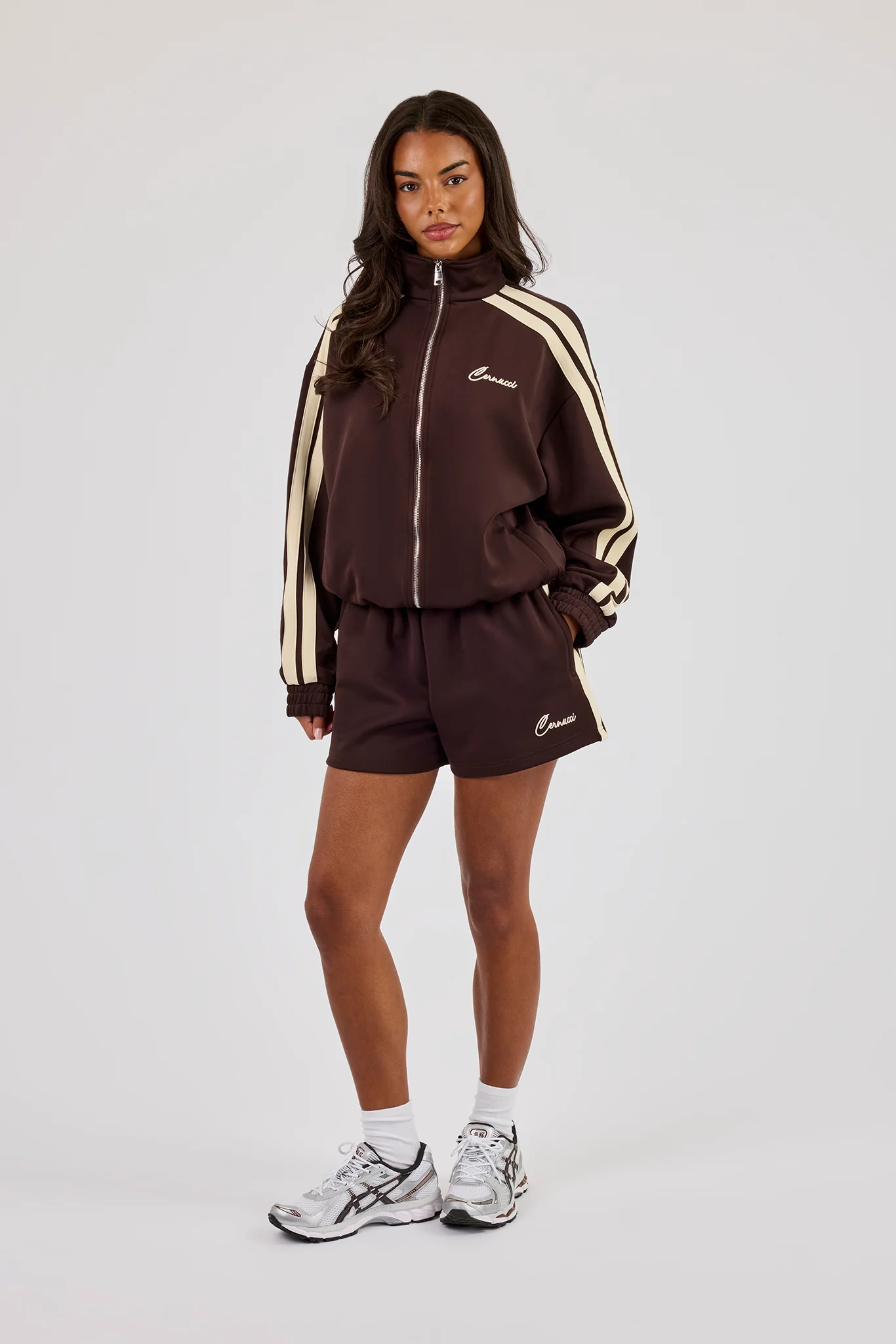 Funnel Neck Butter Yellow Taping Zip Through Track Jacket - Chocolate - Image 5