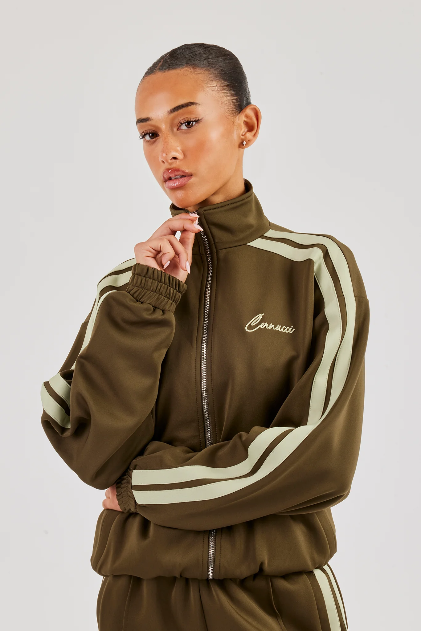 Funnel Neck Taping Zip Through Track Jacket - Khaki - Image 2
