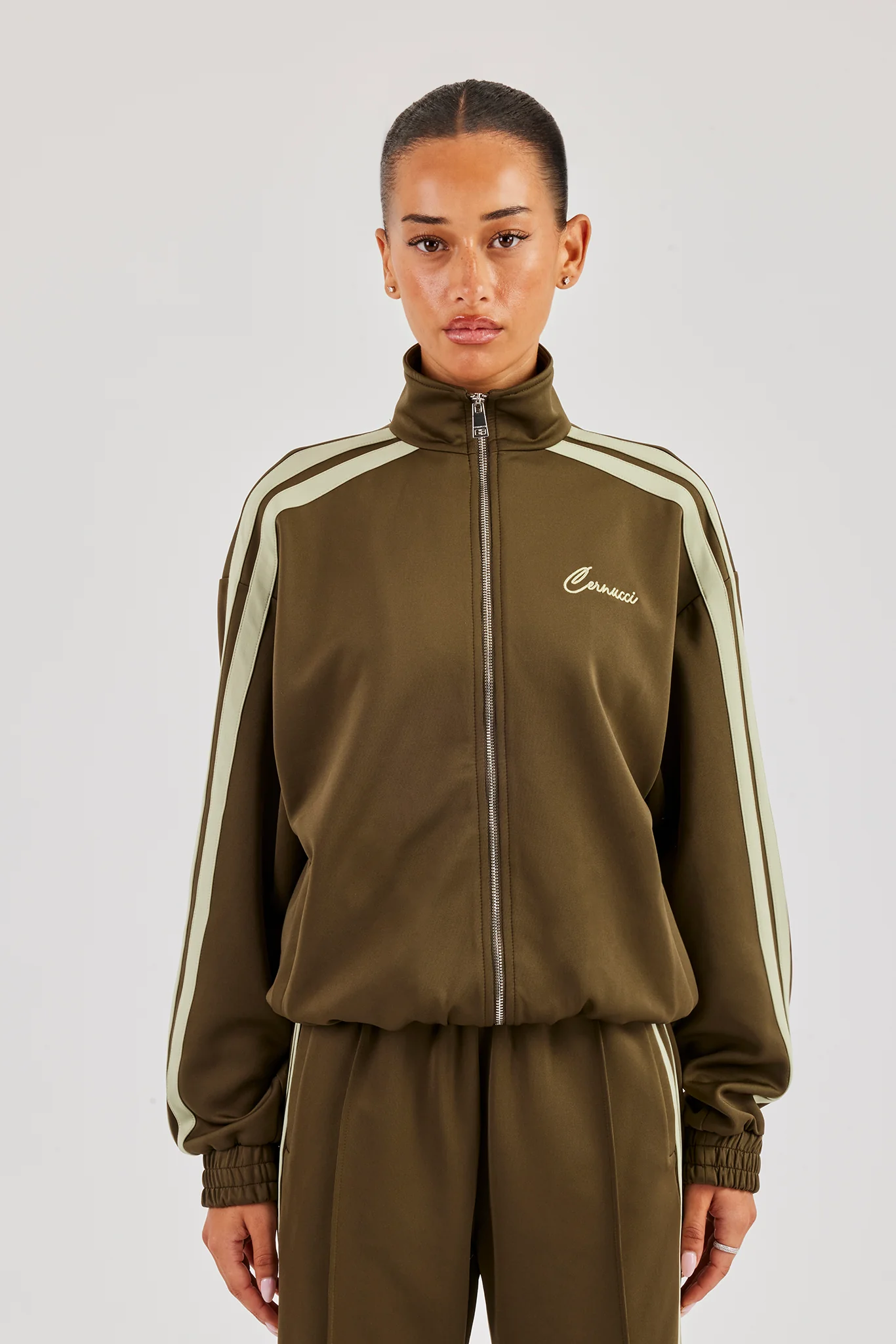 Funnel Neck Taping Zip Through Track Jacket - Khaki - Image 4