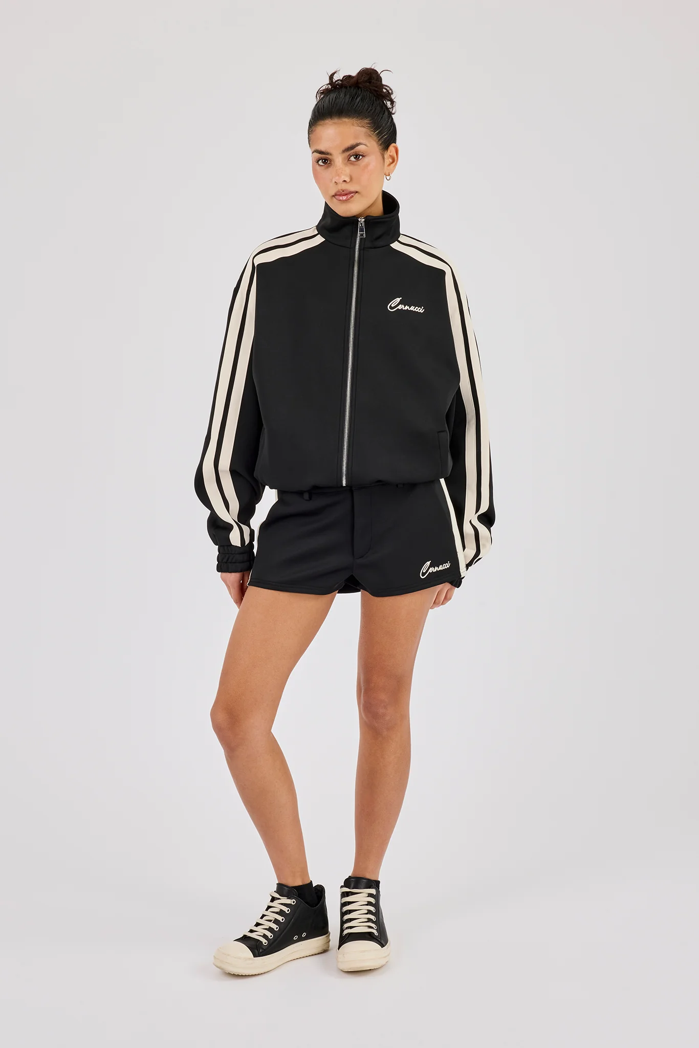 Funnel Neck Taping Zip Through Track Jacket & Micro Short - Black