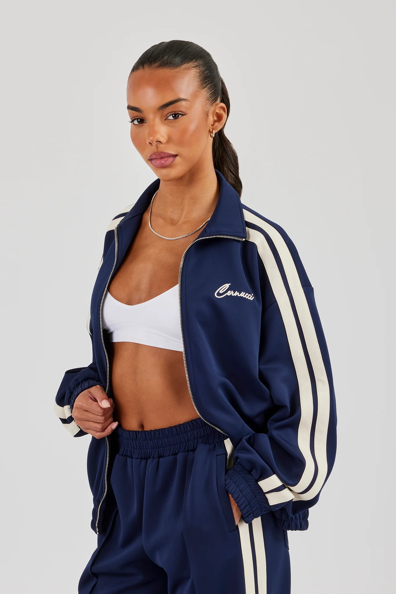 Funnel Neck Taping Zip Through Track Jacket - Navy Blue - Image 2