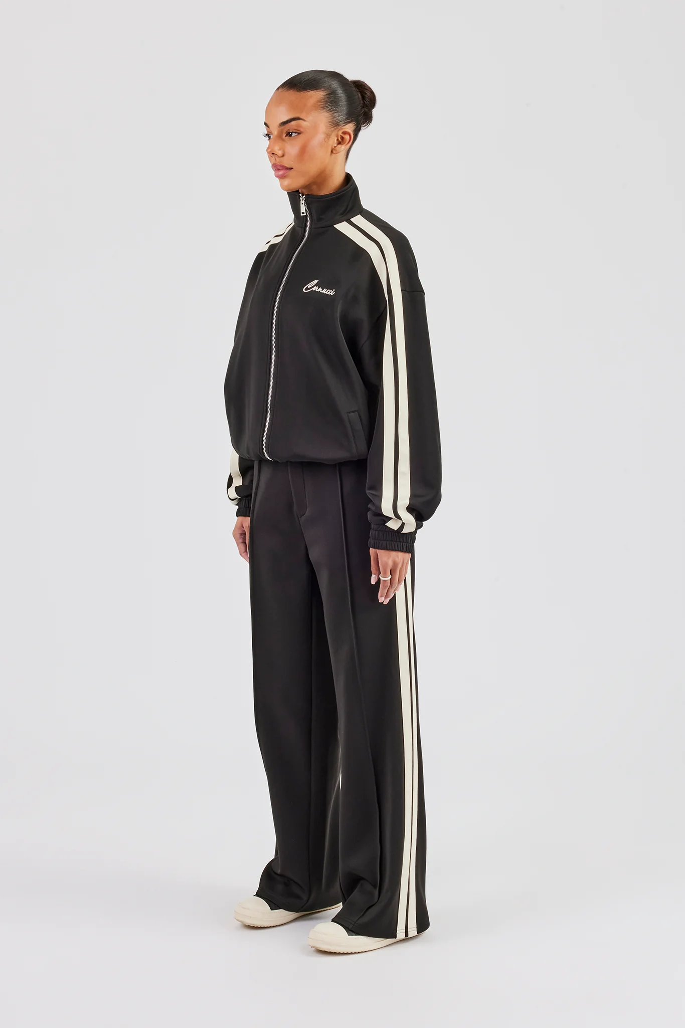 Funnel Neck Taping Zip Through Track Jacket & Tailored Trouser - Black - Image 2