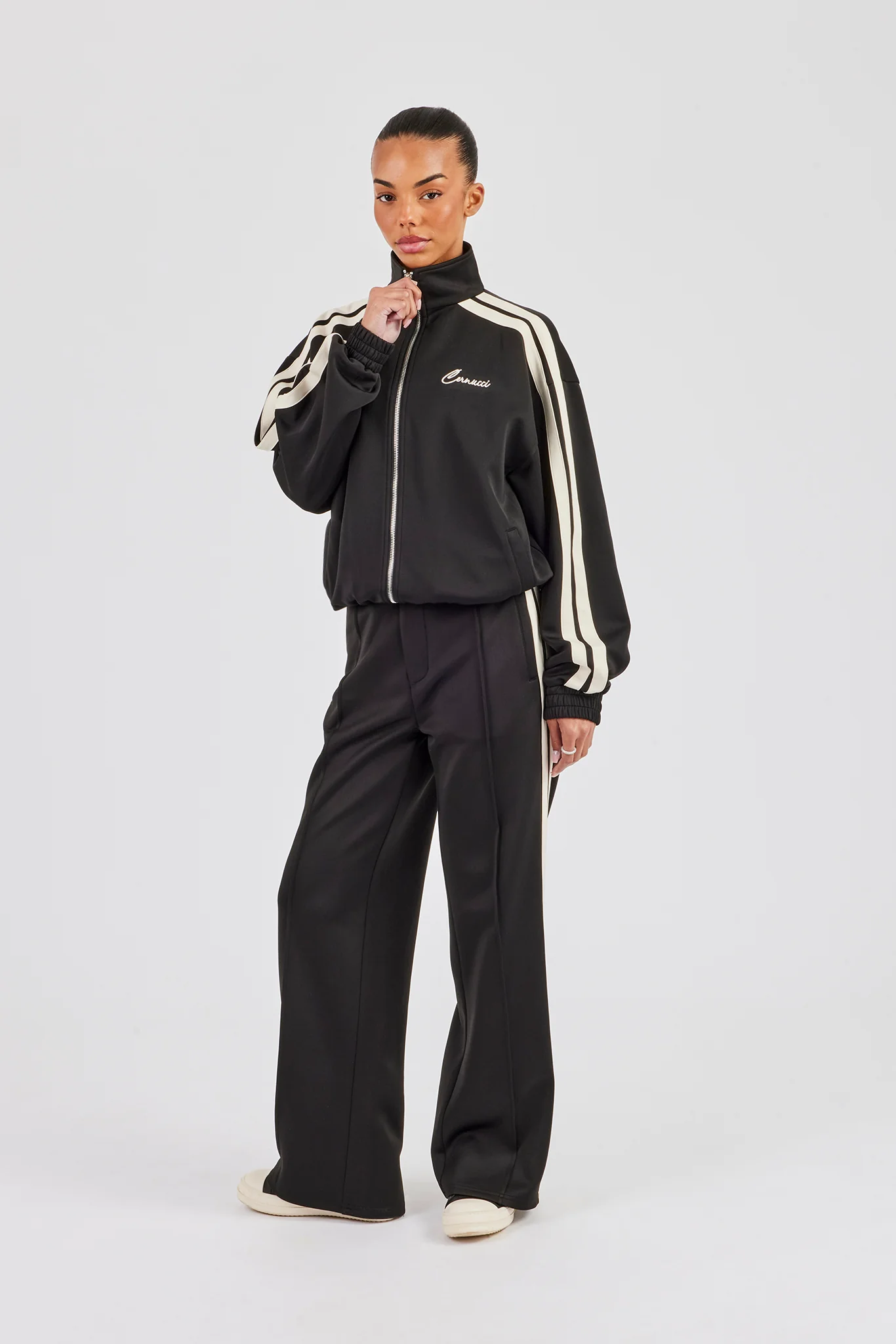 Funnel Neck Taping Zip Through Track Jacket & Tailored Trouser - Black - Image 4