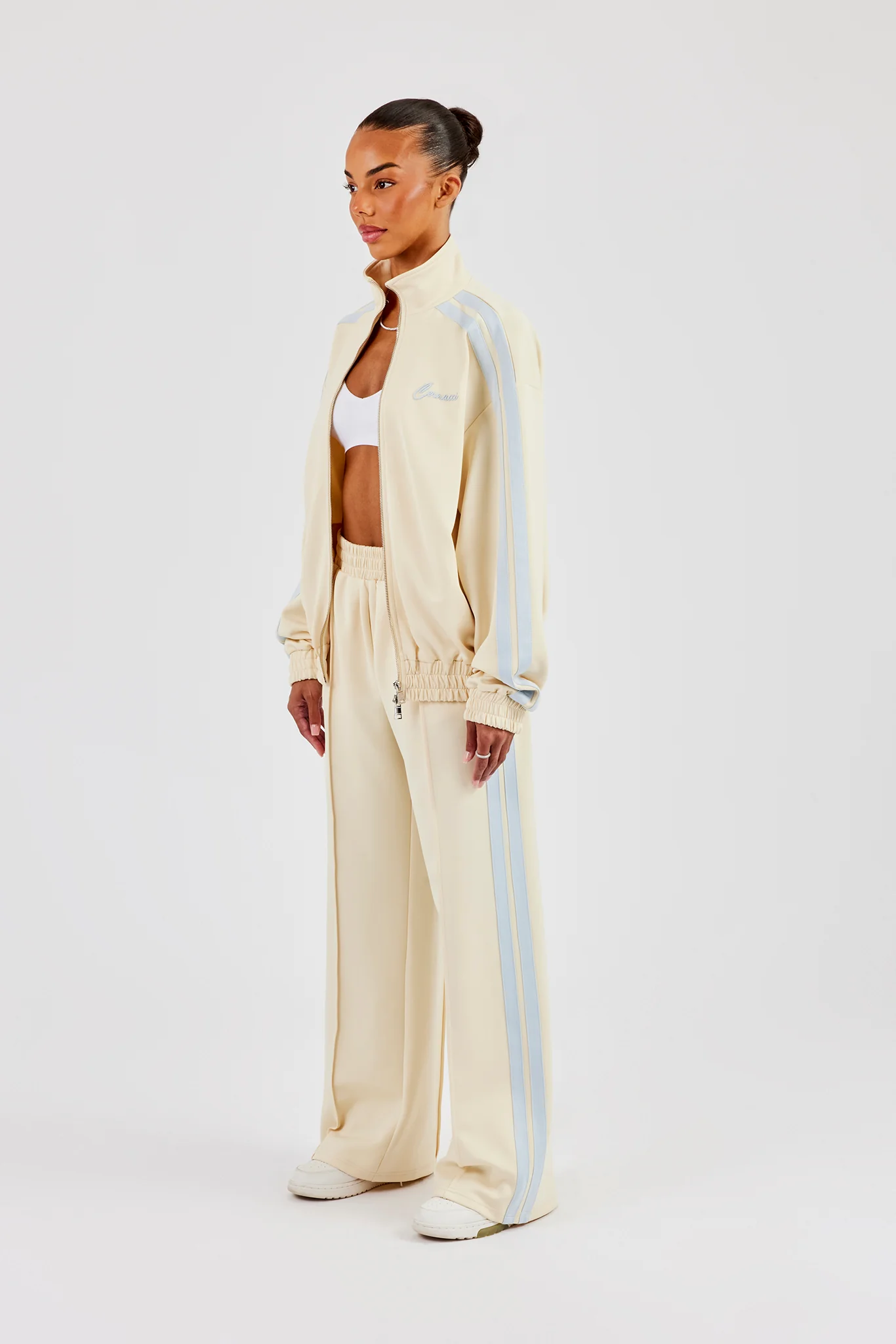 Funnel Neck Taping Zip Through Track Jacket & Wide Leg Pant - Butter Yellow - Image 2