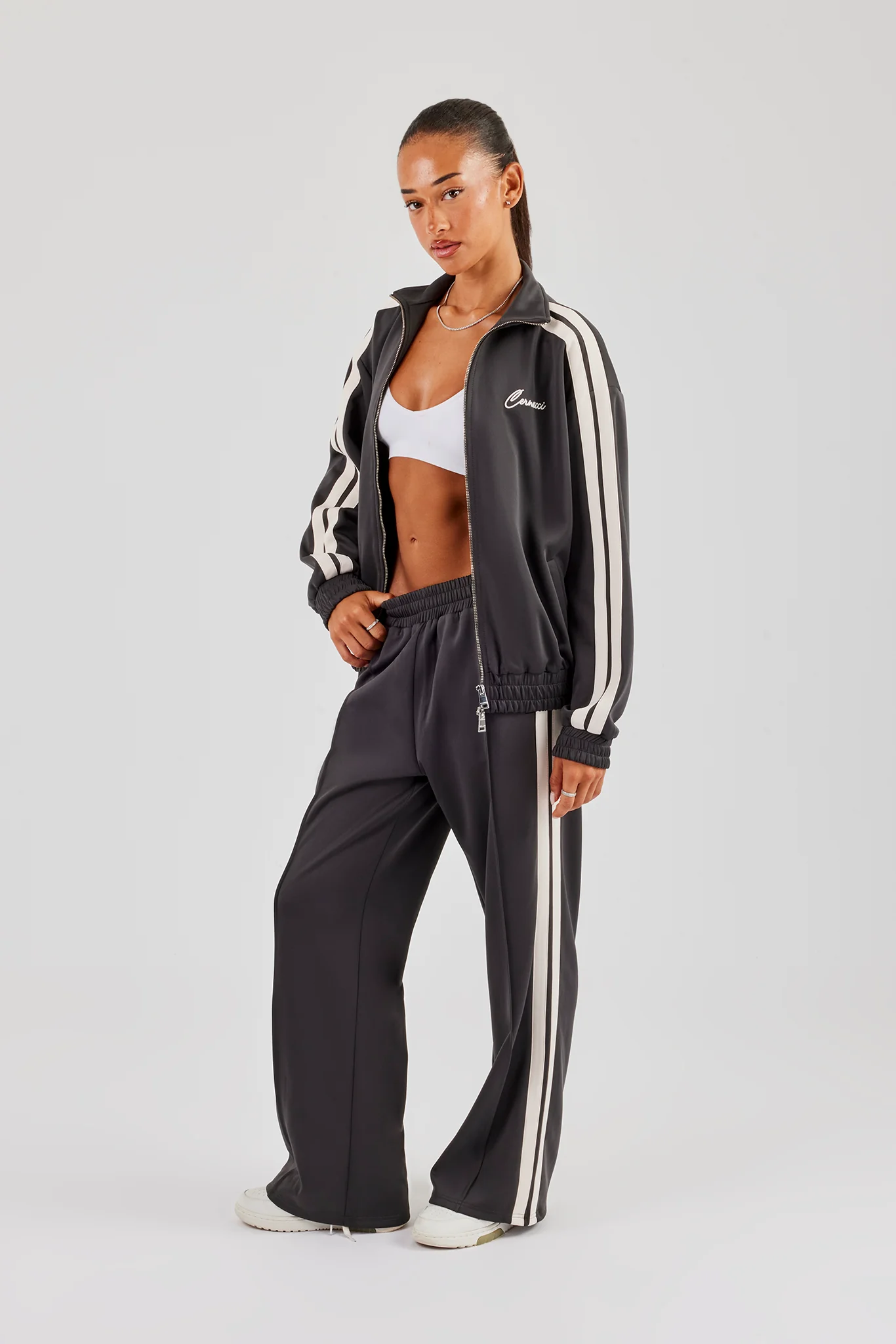 Funnel Neck Taping Zip Through Track Jacket & Wide Leg Pant - Charcoal - Image 2