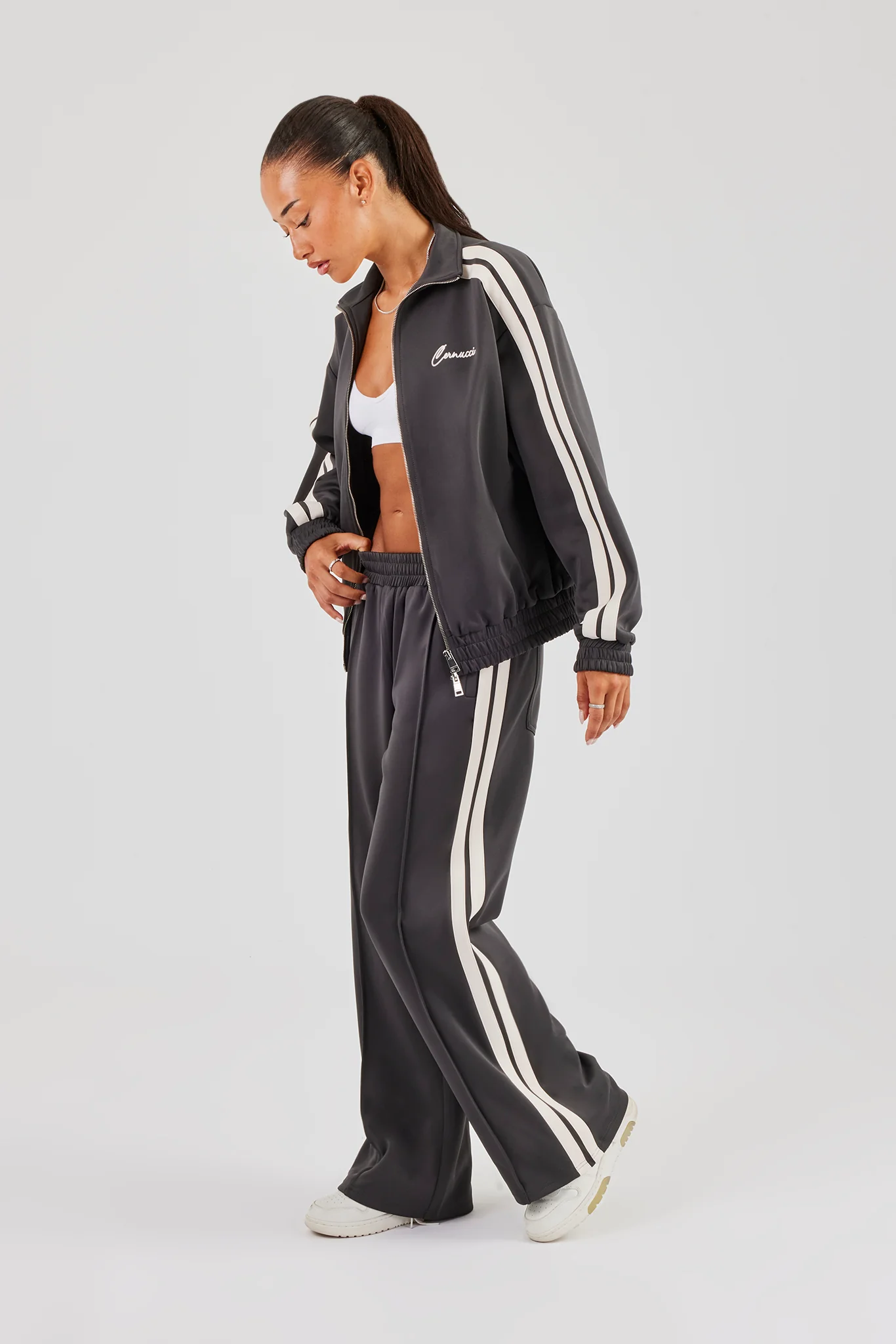 Funnel Neck Taping Zip Through Track Jacket & Wide Leg Pant - Charcoal - Image 3
