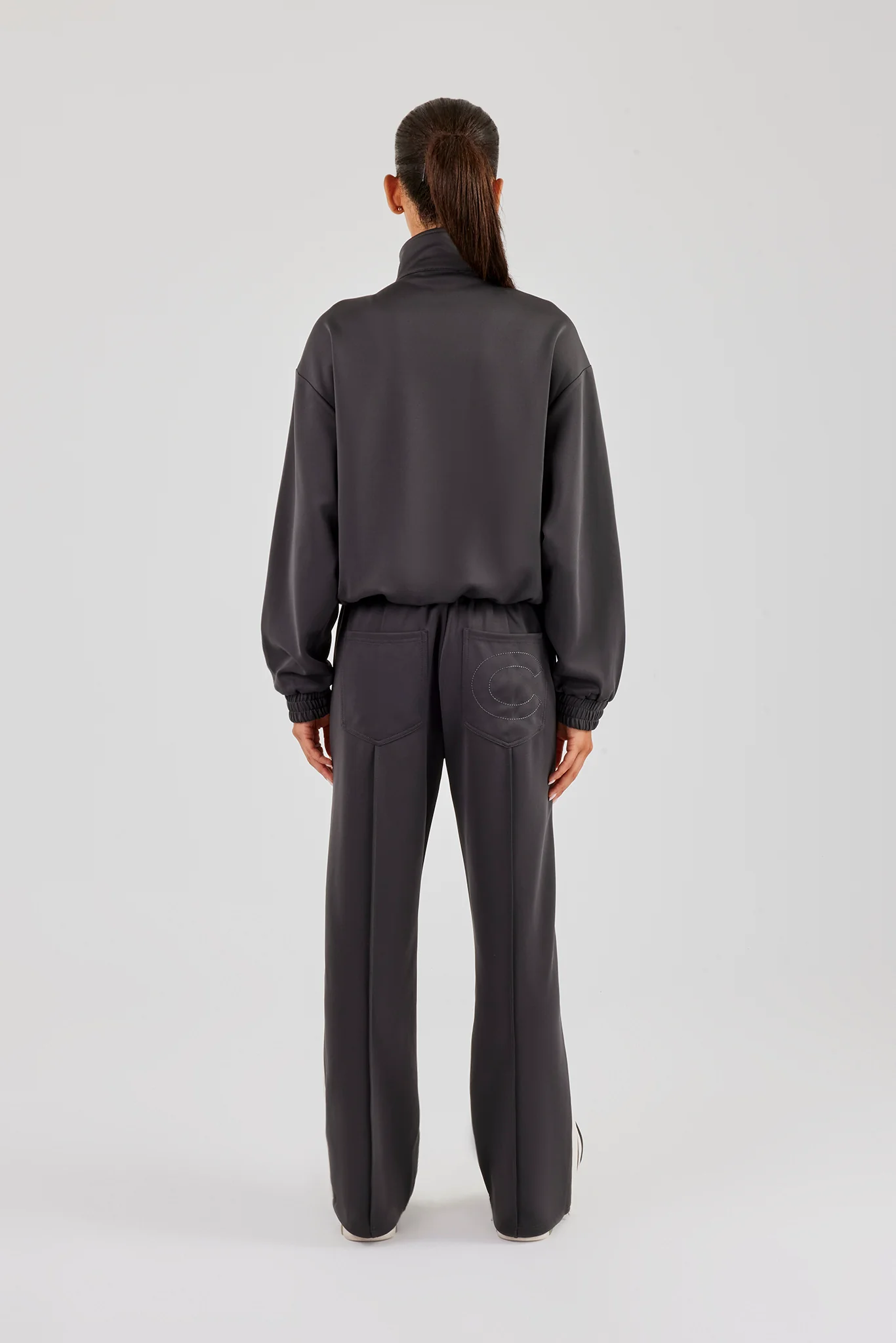 Funnel Neck Taping Zip Through Track Jacket & Wide Leg Pant - Charcoal - Image 4