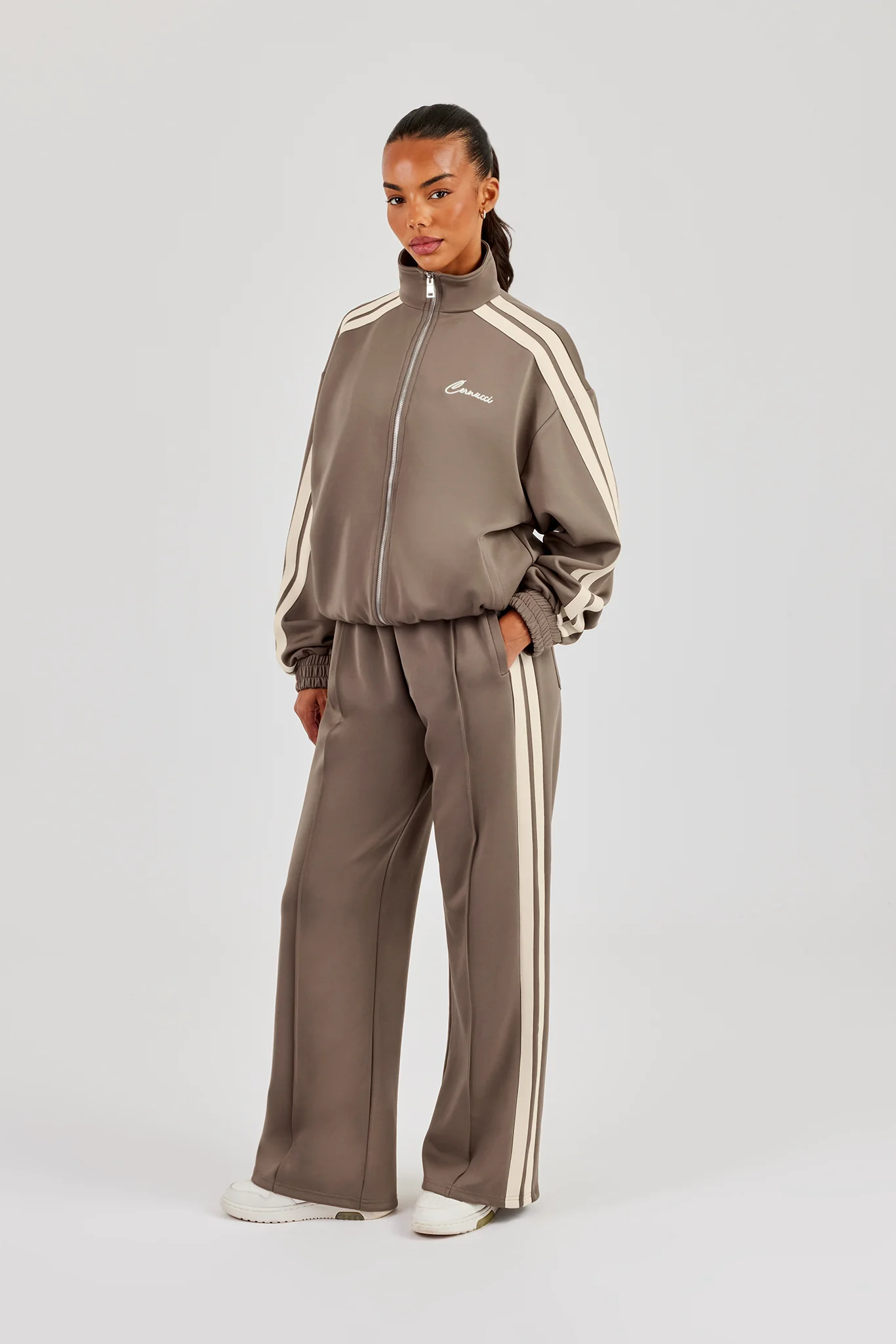 Funnel Neck Taping Zip Through Track Jacket & Wide Leg Pant - Taupe