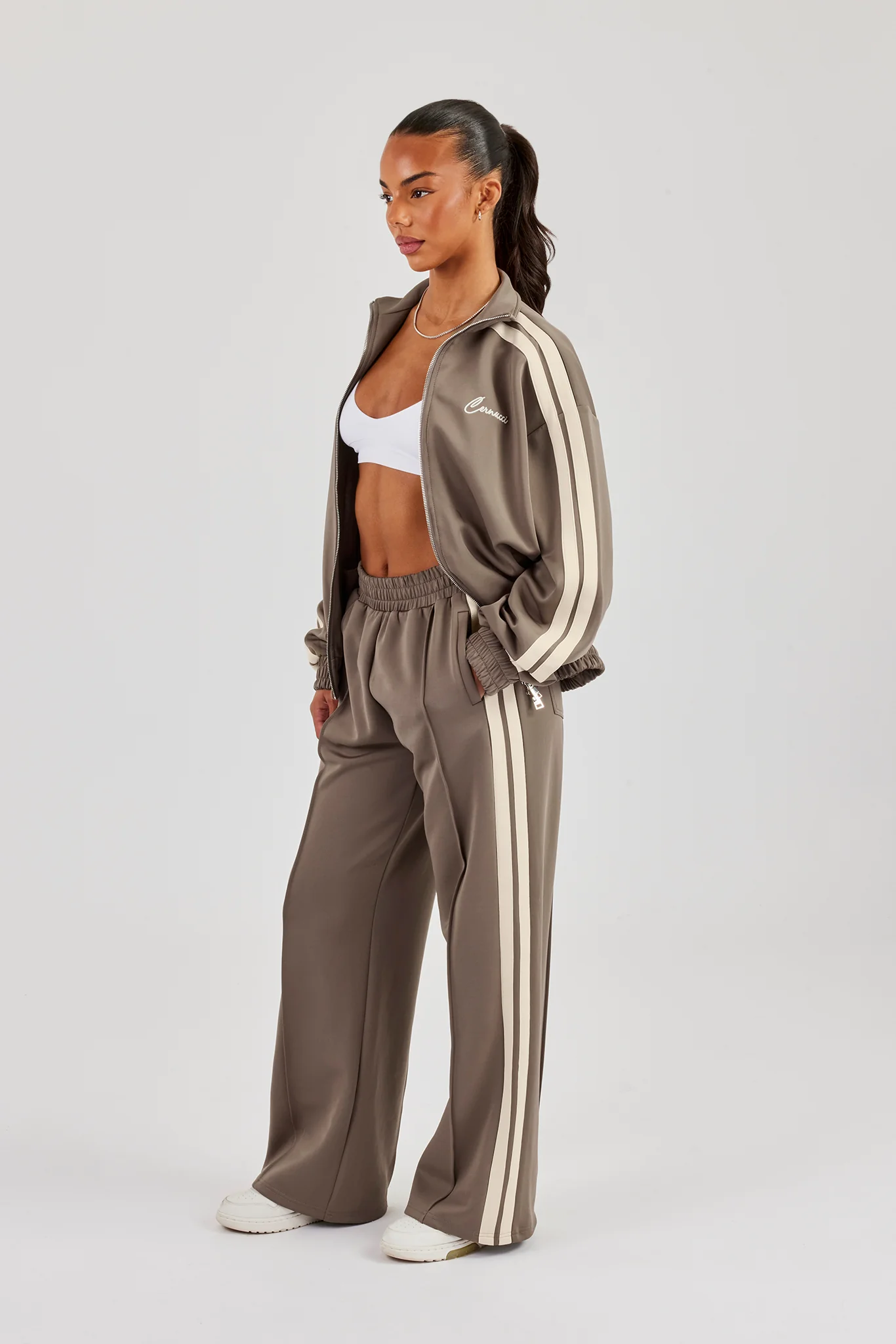 Funnel Neck Taping Zip Through Track Jacket & Wide Leg Pant - Taupe - Image 2