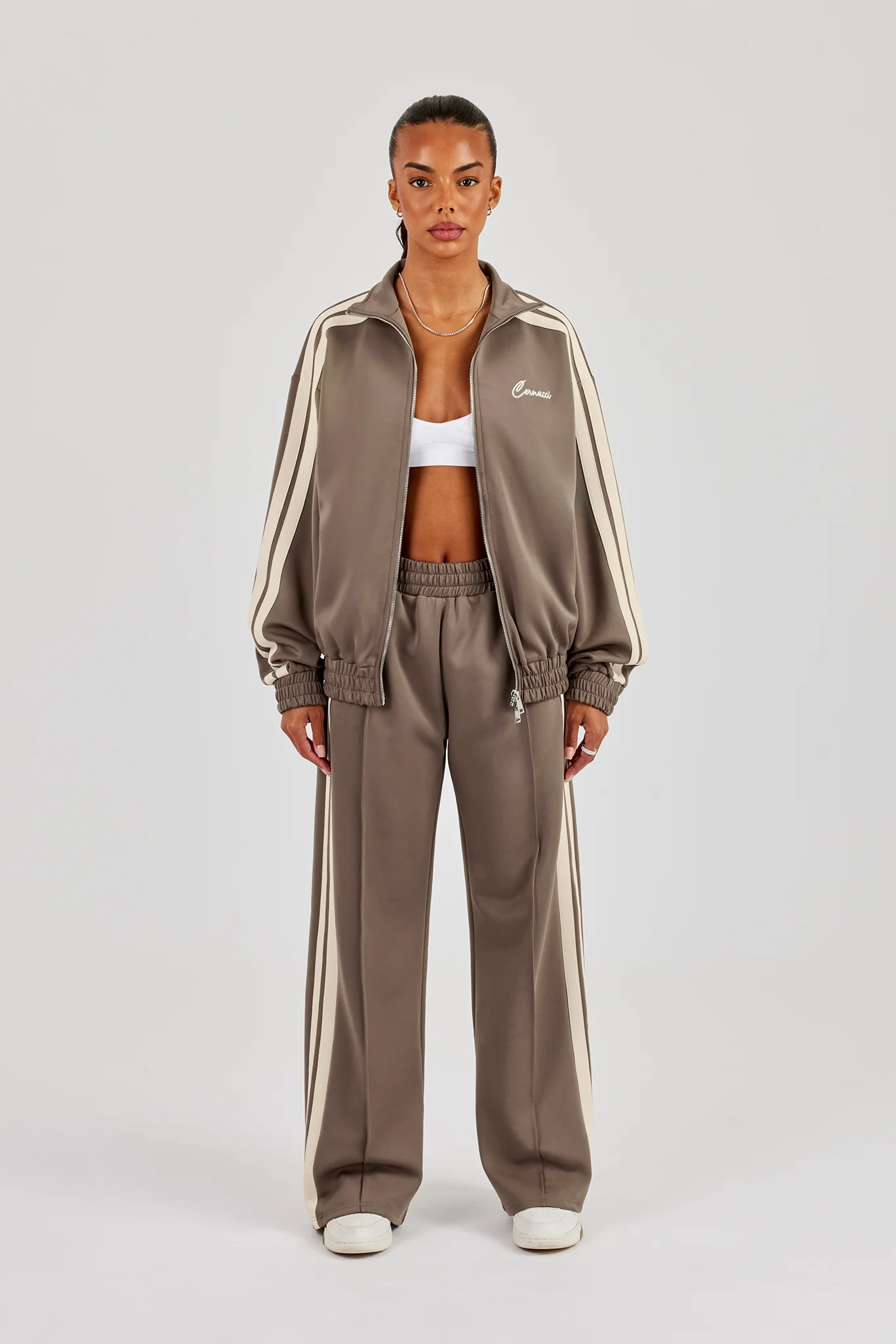 Funnel Neck Taping Zip Through Track Jacket & Wide Leg Pant - Taupe - Image 3