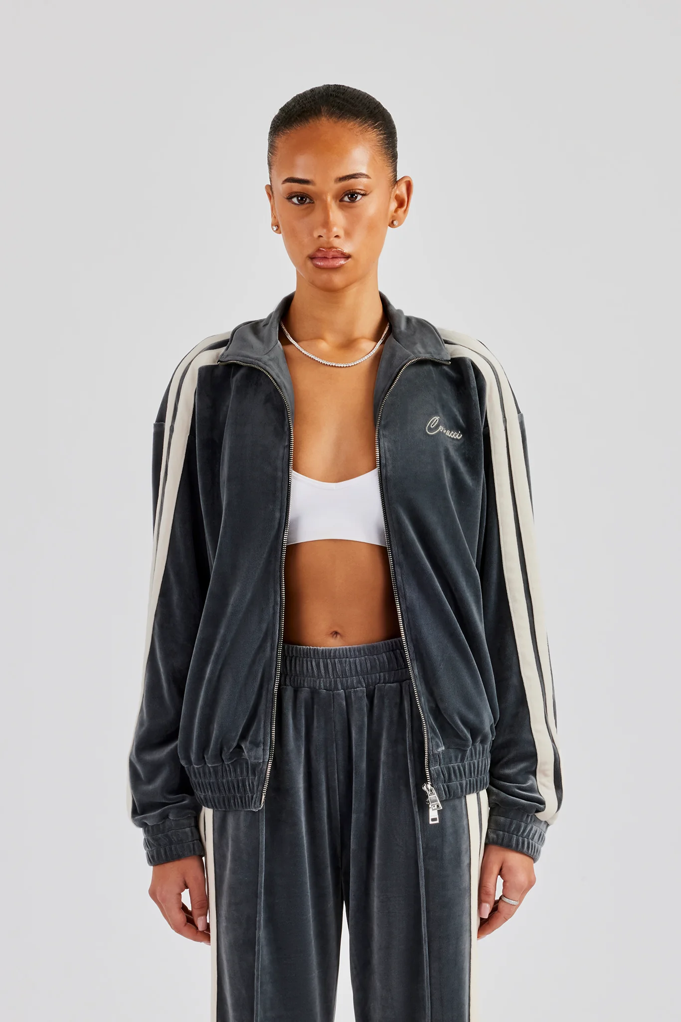 Funnel Neck Taping Zip Through Velour Track Jacket - Grey - Image 3