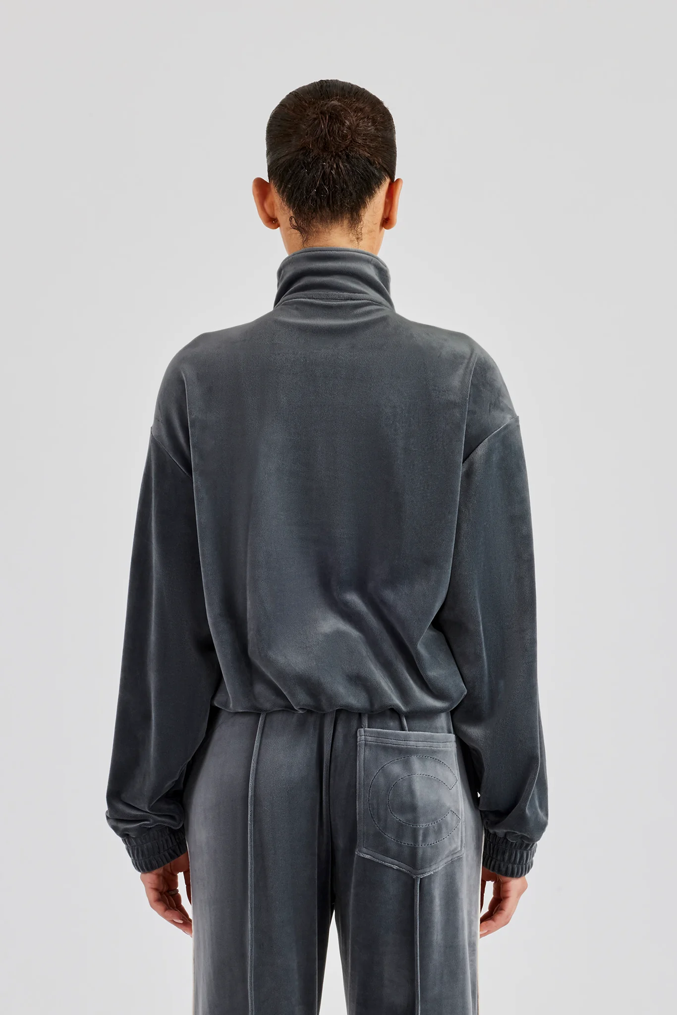 Funnel Neck Taping Zip Through Velour Track Jacket - Grey - Image 4