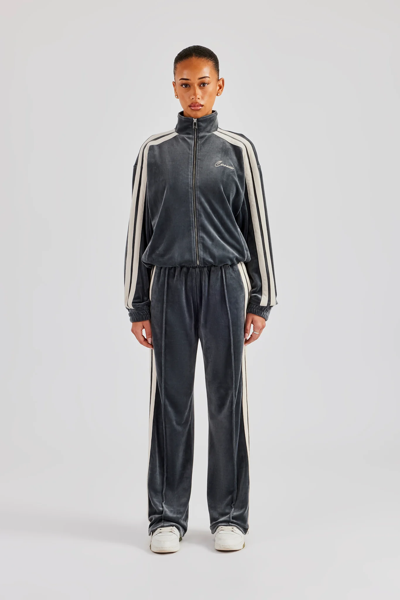 Funnel Neck Taping Zip Through Velour Tracksuit - Grey - Image 5