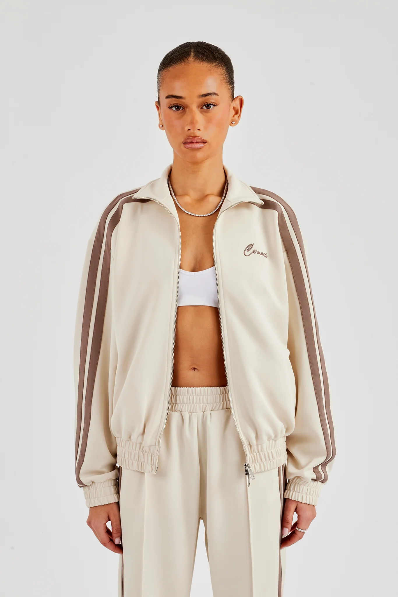 Funnel Neck Taupe Taping Zip Through Jacket - Off White - Image 2