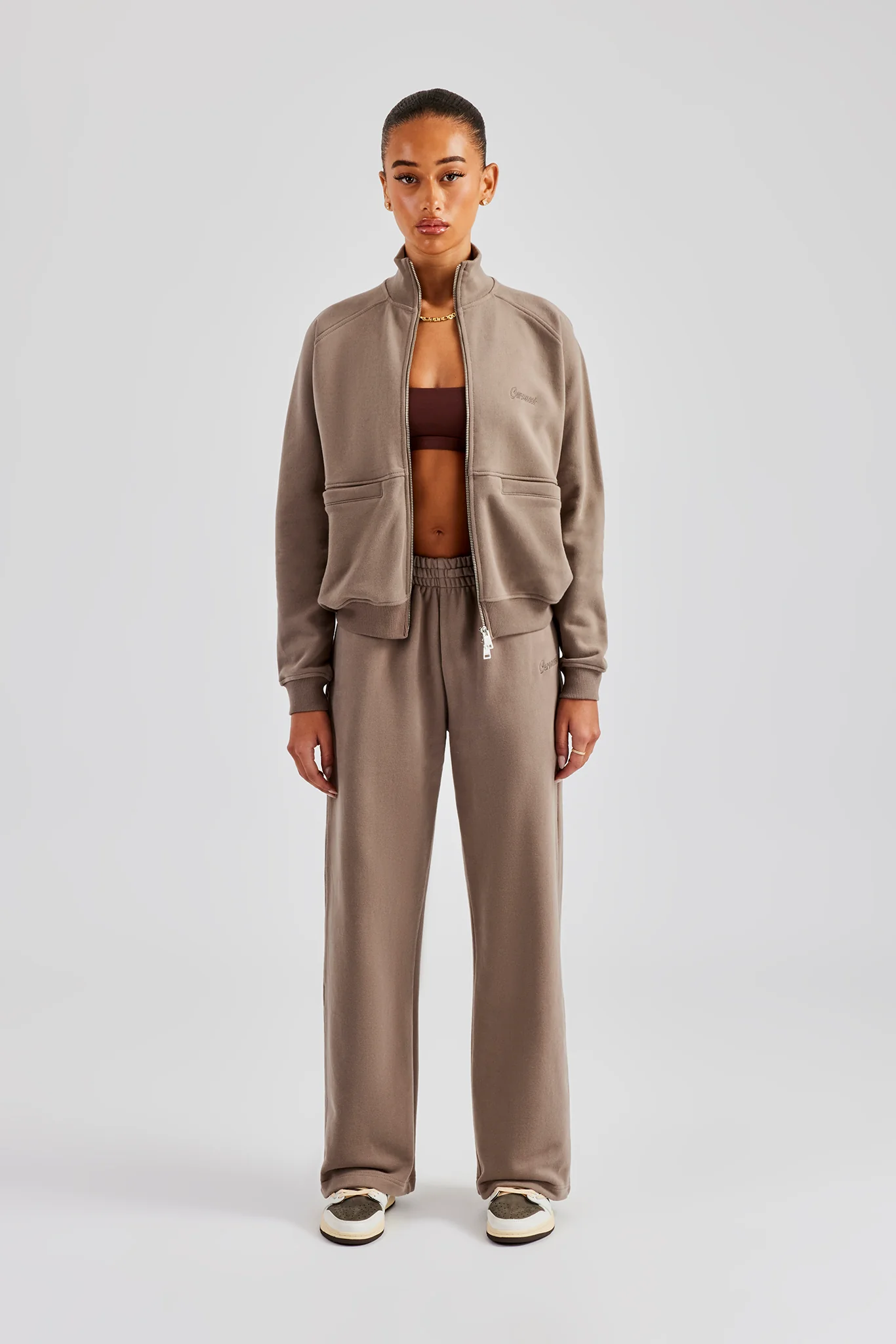 Funnel Neck Zip Through Tracksuit - Taupe - Image 6