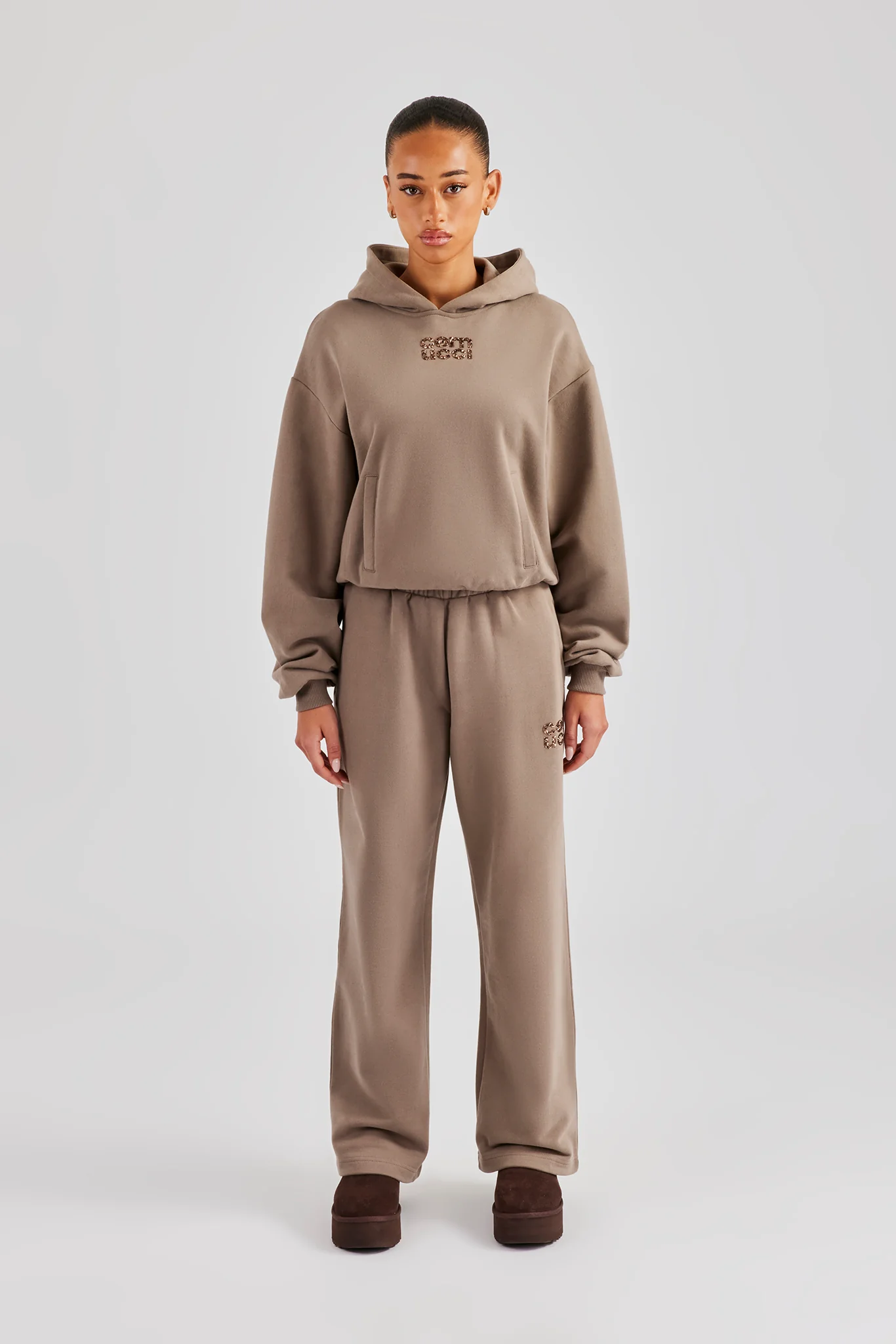 Glitter Applique Boxy Hooded Tracksuit  - Taupe - Image 2