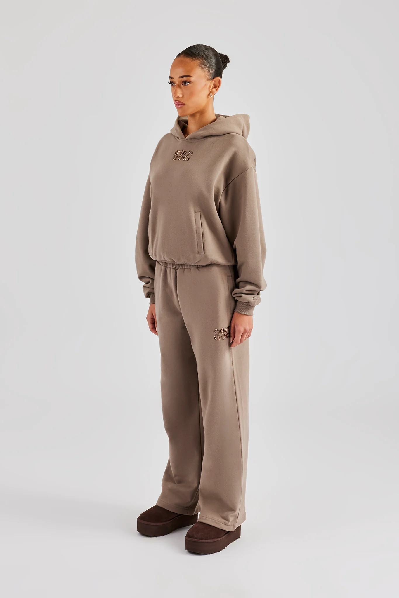 Glitter Applique Boxy Hooded Tracksuit  - Taupe - Image 3