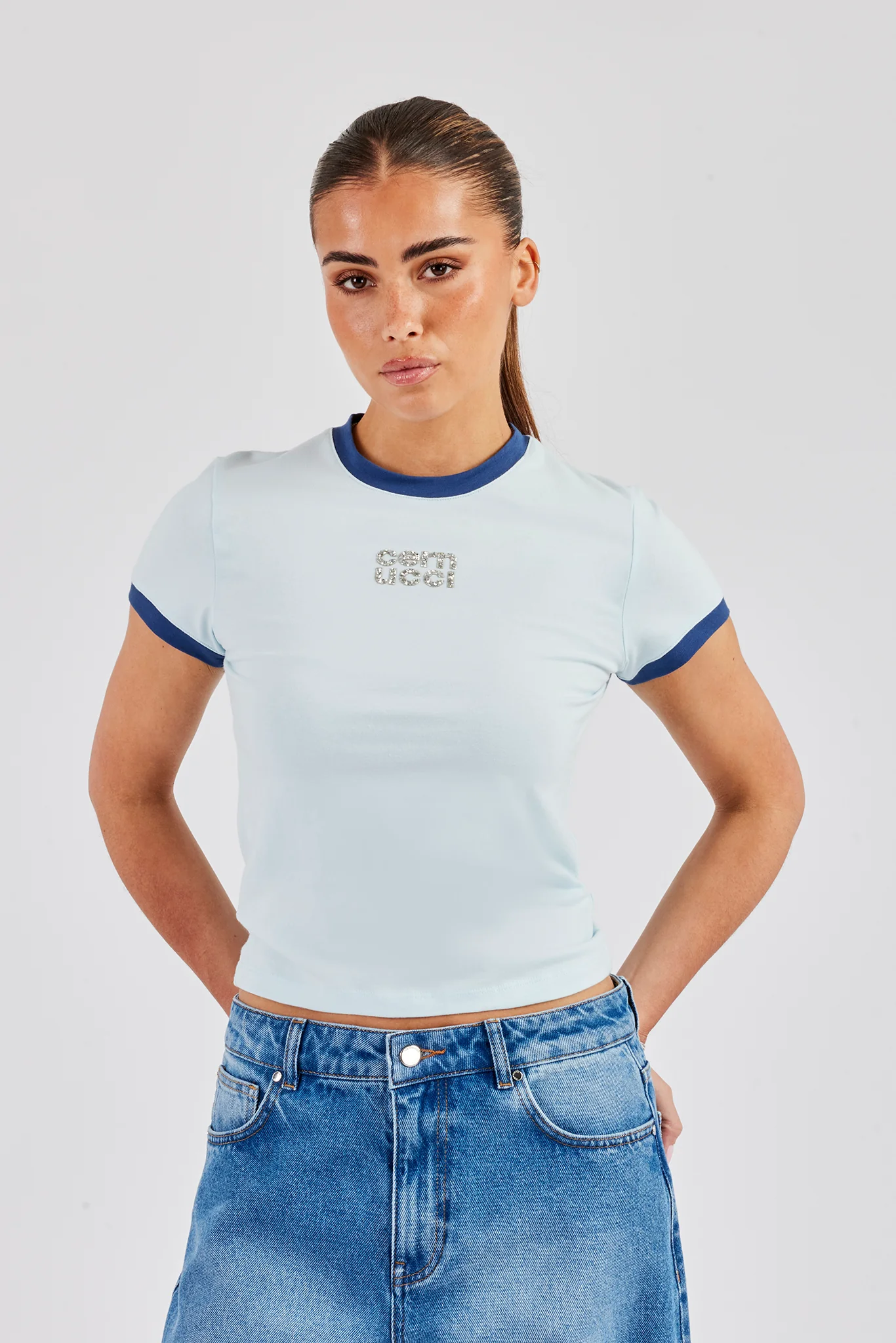 Glitter Applique Contrast Baby Tee - Baby Blue - Image 4