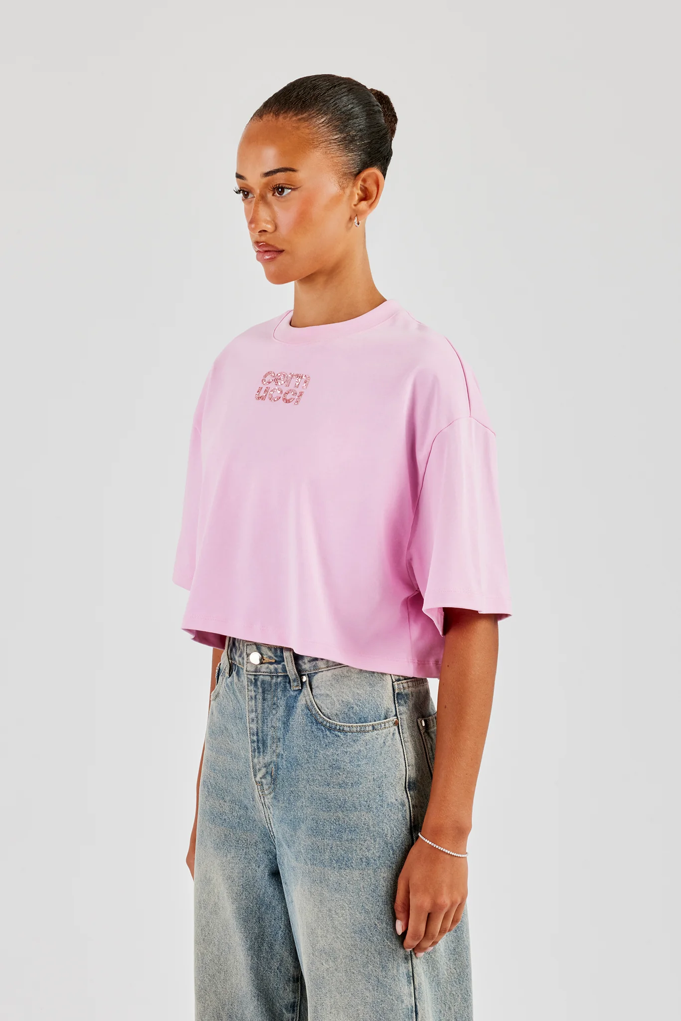 Glitter Applique Cropped T-Shirt - Pink - Image 2