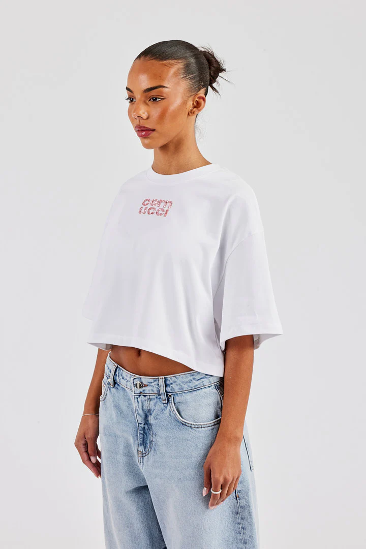 Glitter Applique Cropped T-Shirt - White - Image 2