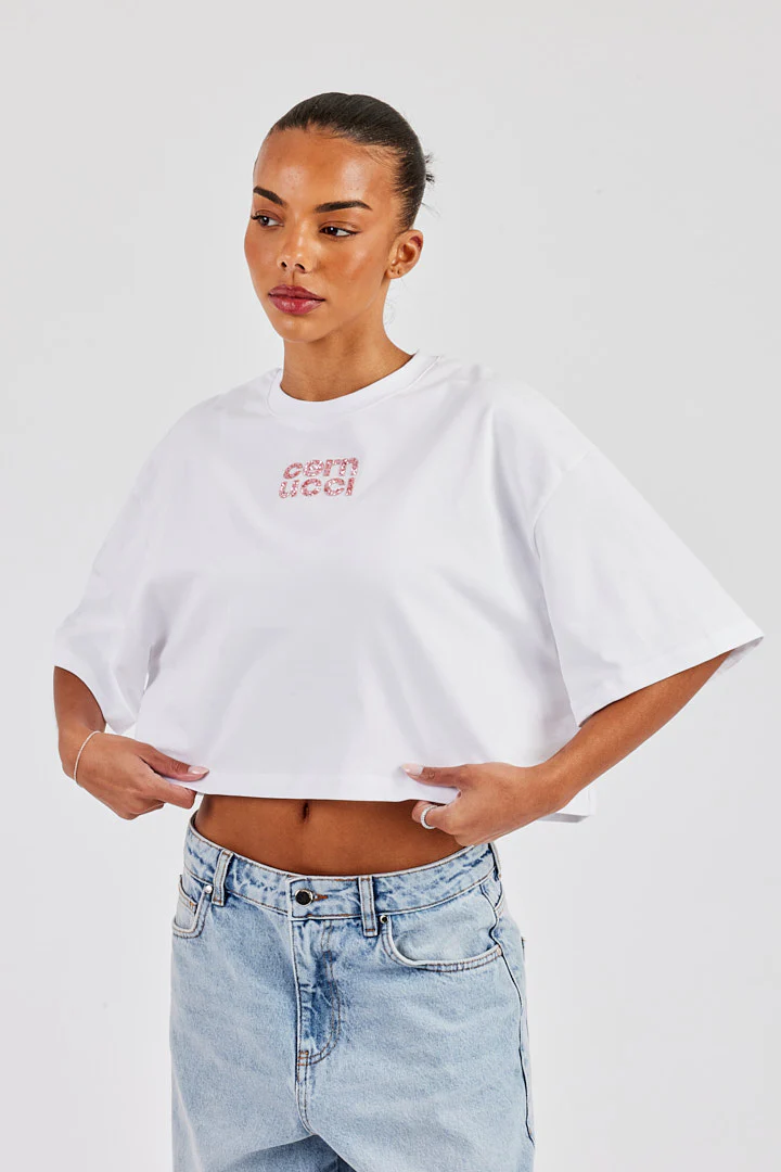 Glitter Applique Cropped T-Shirt - White - Image 5
