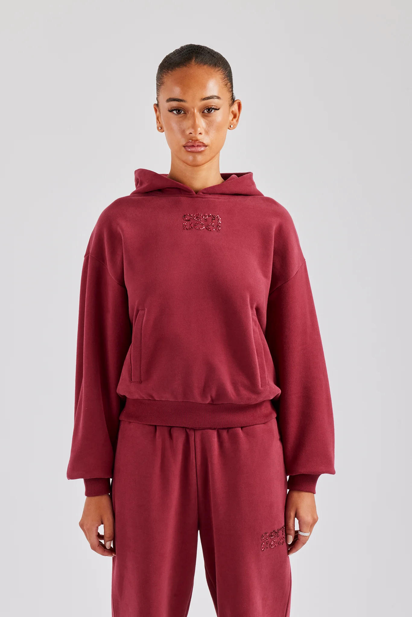 Glitter Applique Oversized Hoodie - Cherry Red - Image 3