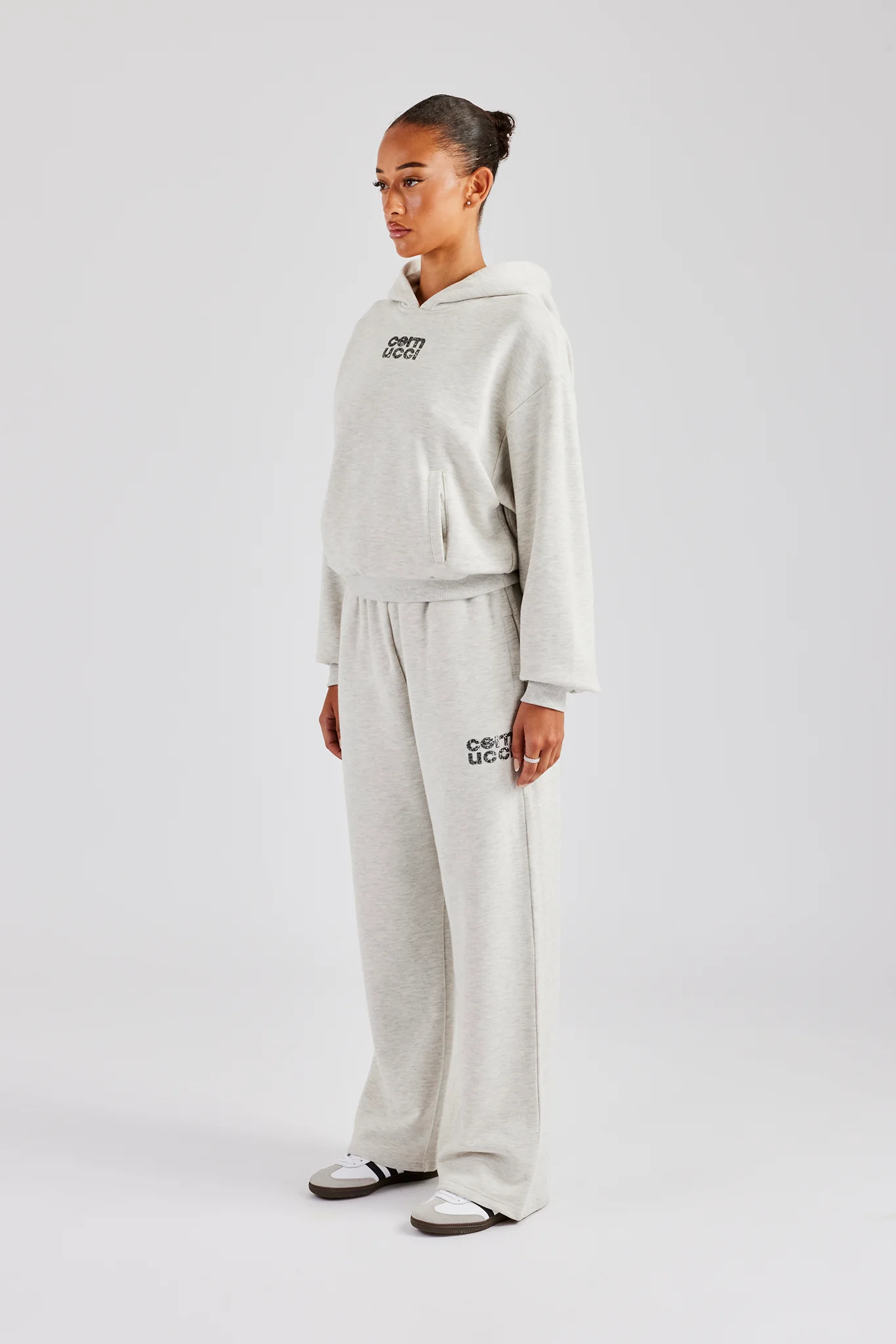 Glitter Applique Oversized Hoodie Tracksuit - Ash Grey - Image 3