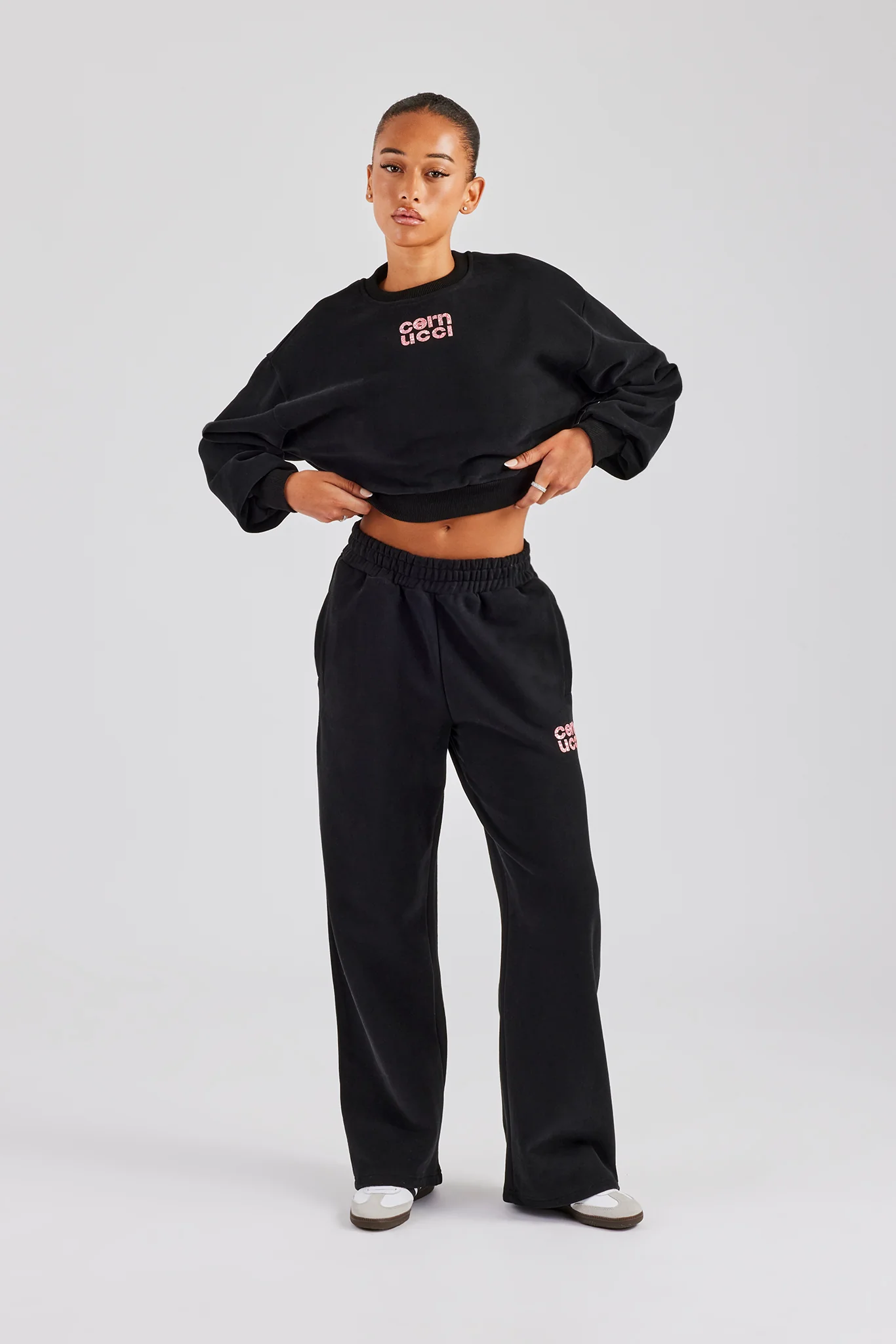 Glitter Applique Cropped Sweatshirt Tracksuit - Black - Image 2