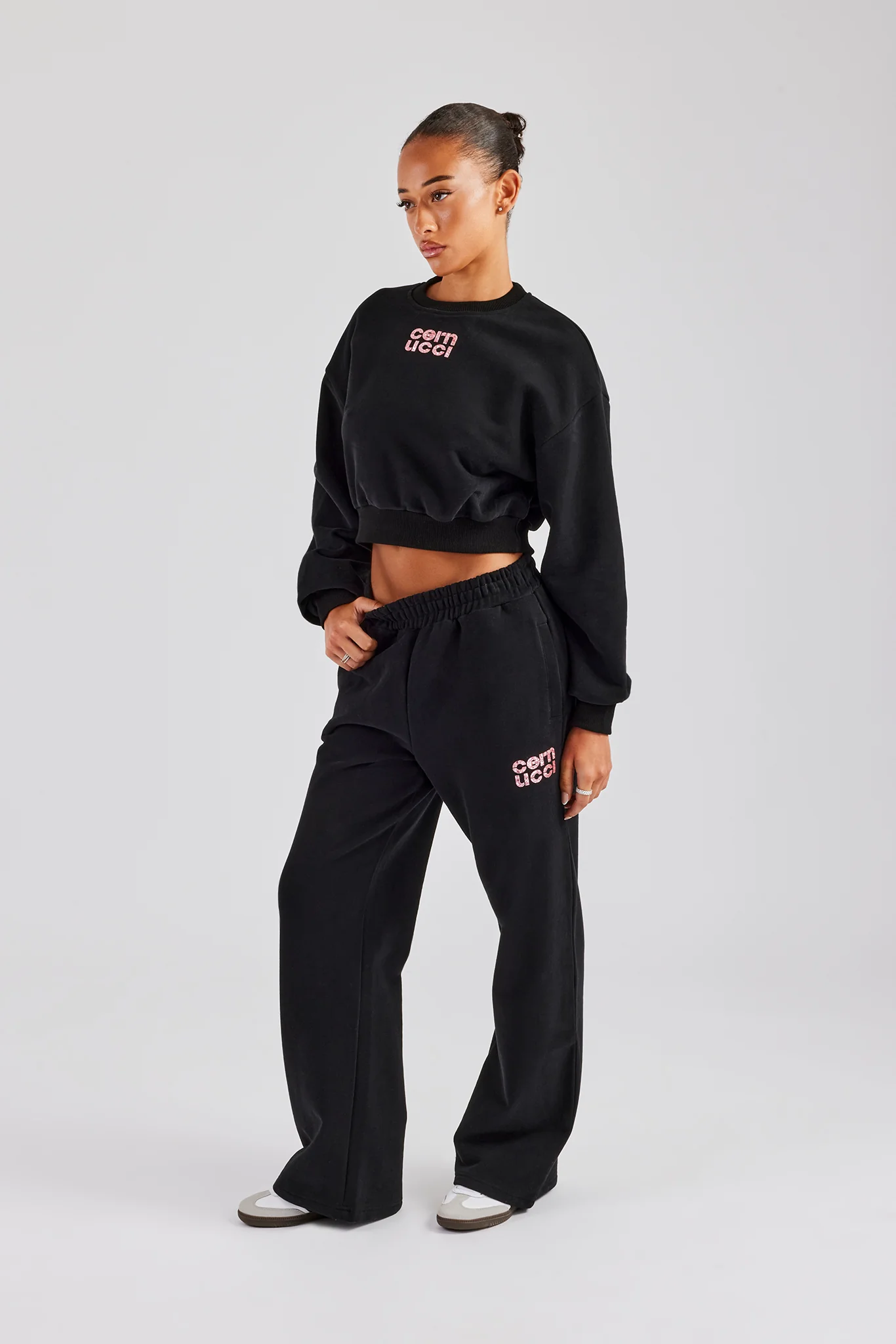 Glitter Applique Cropped Sweatshirt Tracksuit - Black - Image 3