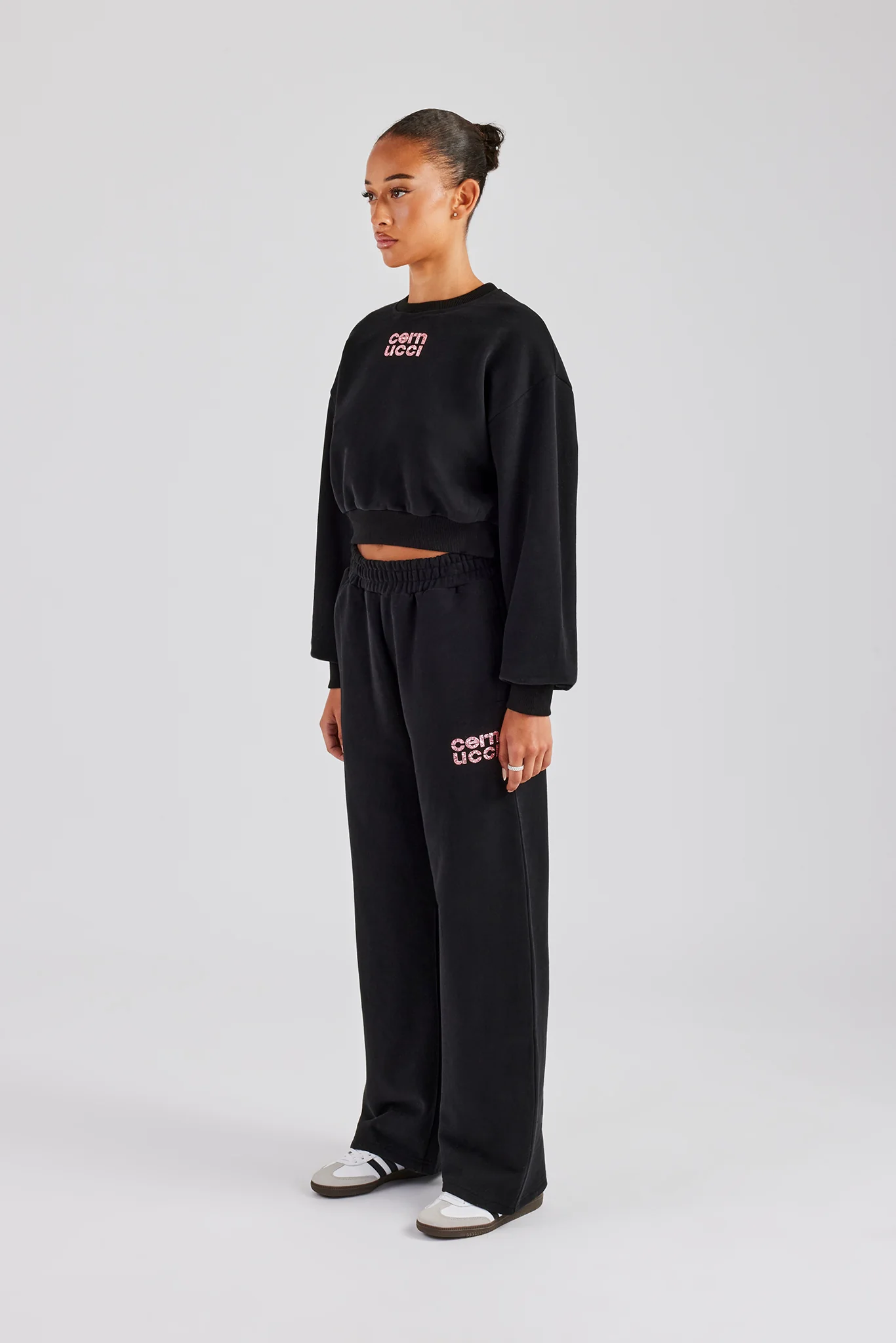 Glitter Applique Cropped Sweatshirt Tracksuit - Black - Image 4