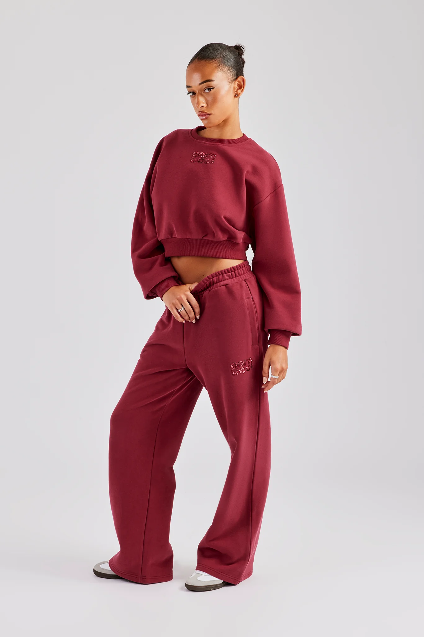 Glitter Applique Cropped Sweatshirt Tracksuit - Cherry Red - Image 3