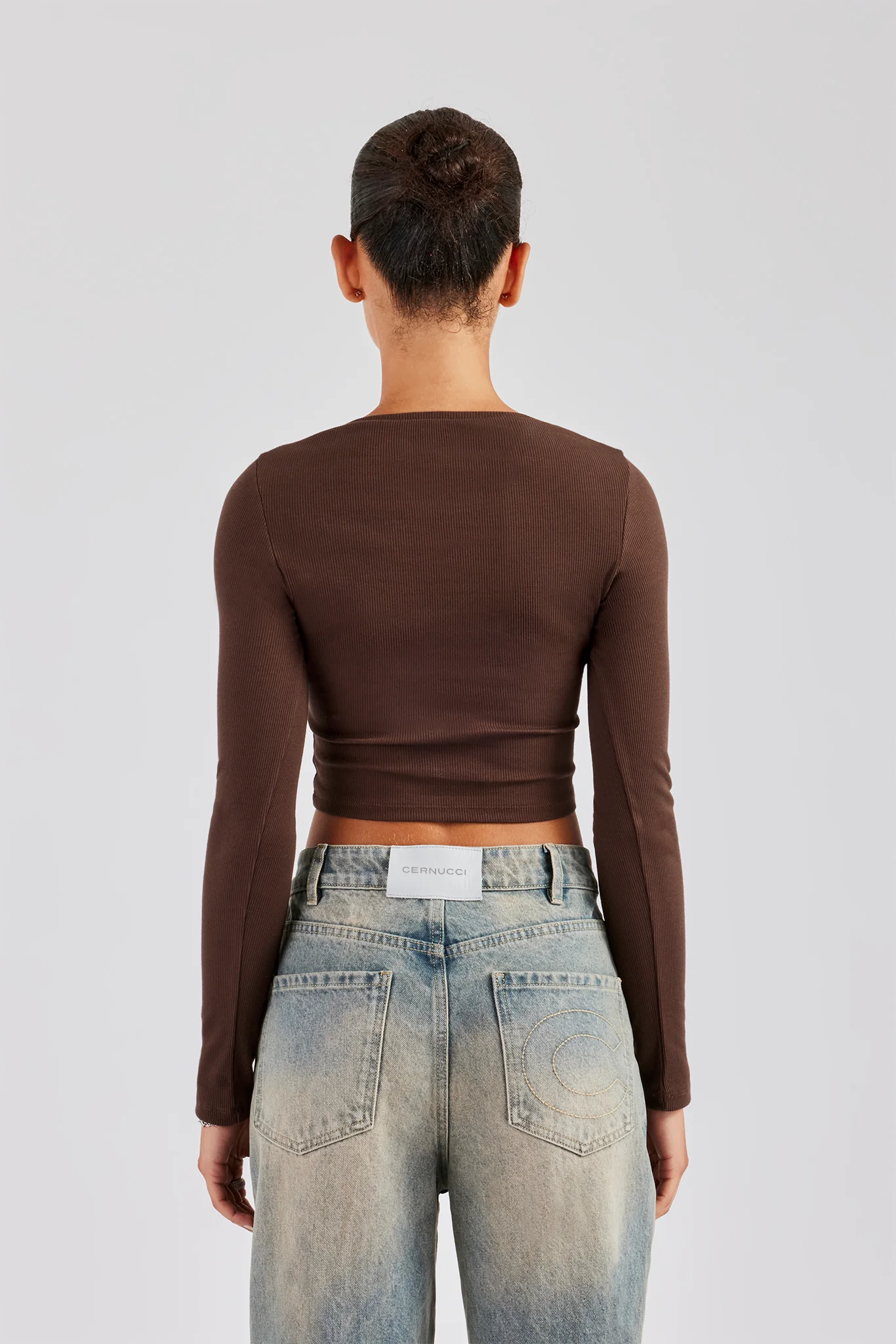 Glitter Applique Rib Long Sleeve Top - Chocolate - Image 4