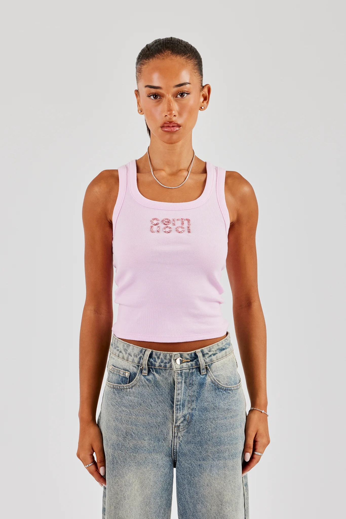 Glitter Applique Rib Scoop Neck Vest - Pink - Image 4