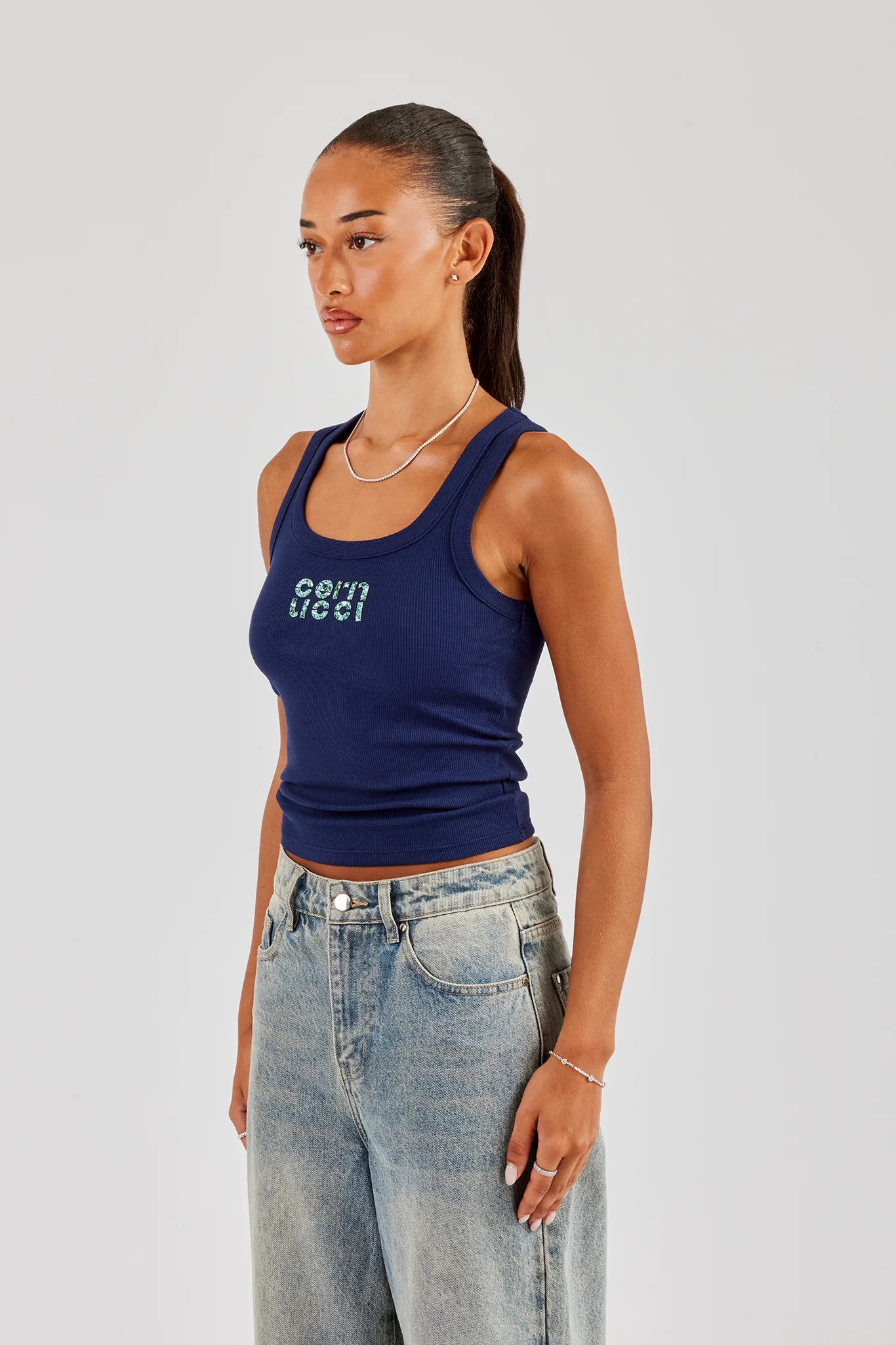 Glitter Applique Scoop Neck Rib Vest - Navy Blue - Image 3