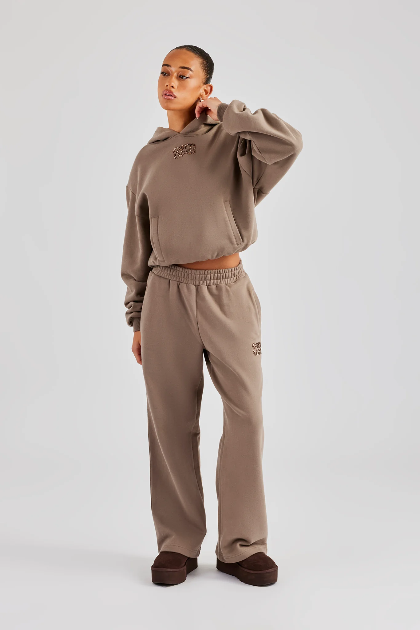 Glitter Applique Wide Leg Jogger - Taupe - Image 4