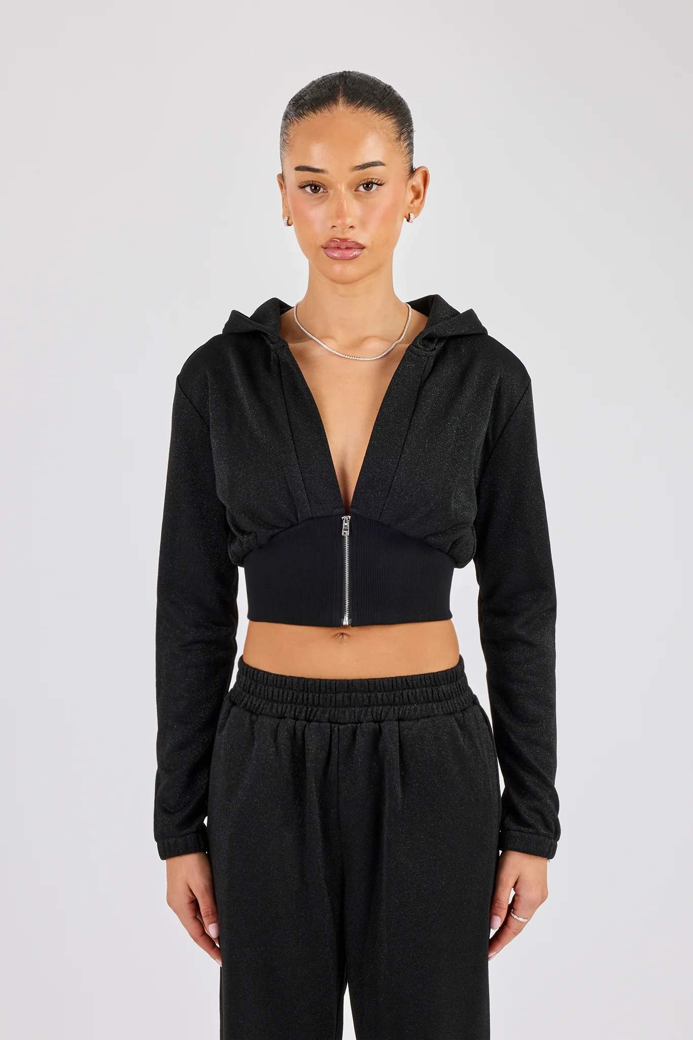 Glitter Fitted Cropped Hoodie - Black - Image 5
