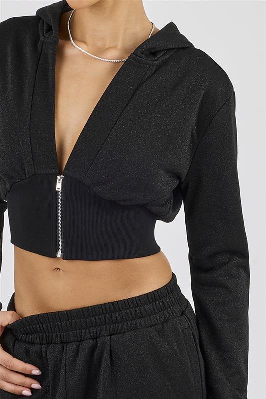 Glitter Fitted Cropped Hoodie & Wide Leg Jogger - Black - Image 3