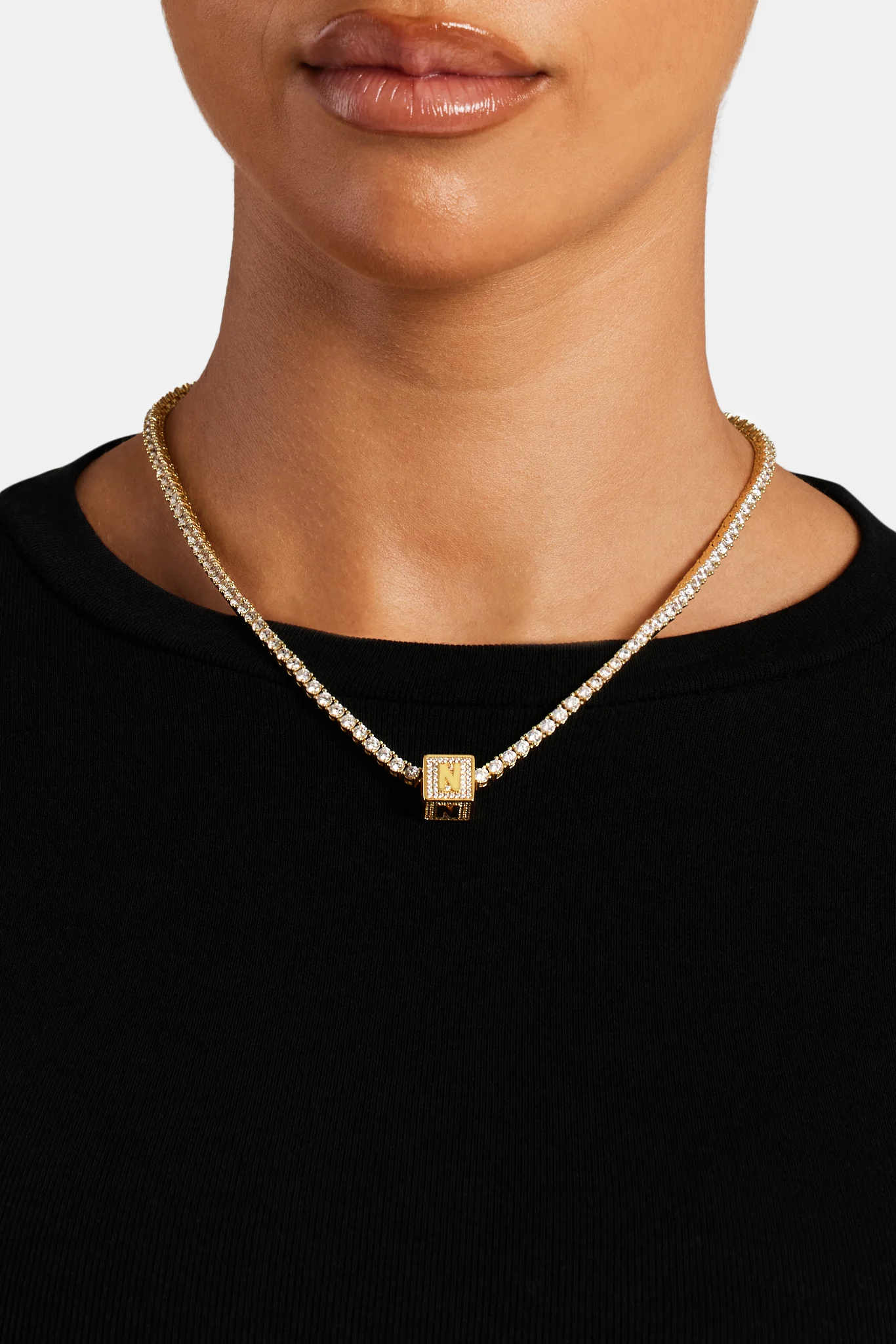 Gold Plated Iced N Letter Block Pendant - Image 3