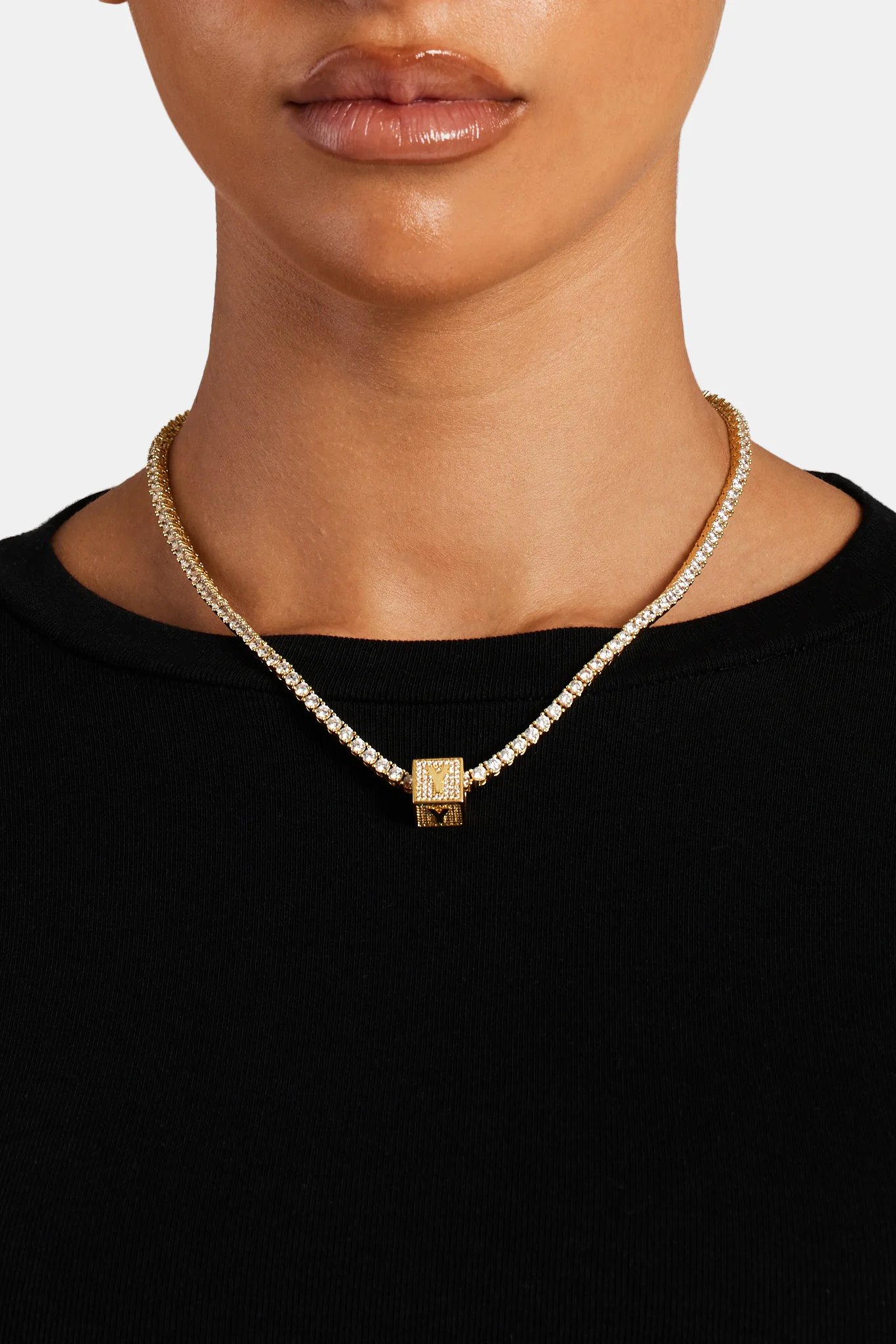 Gold Plated Iced Y Letter Block Pendant - Image 3