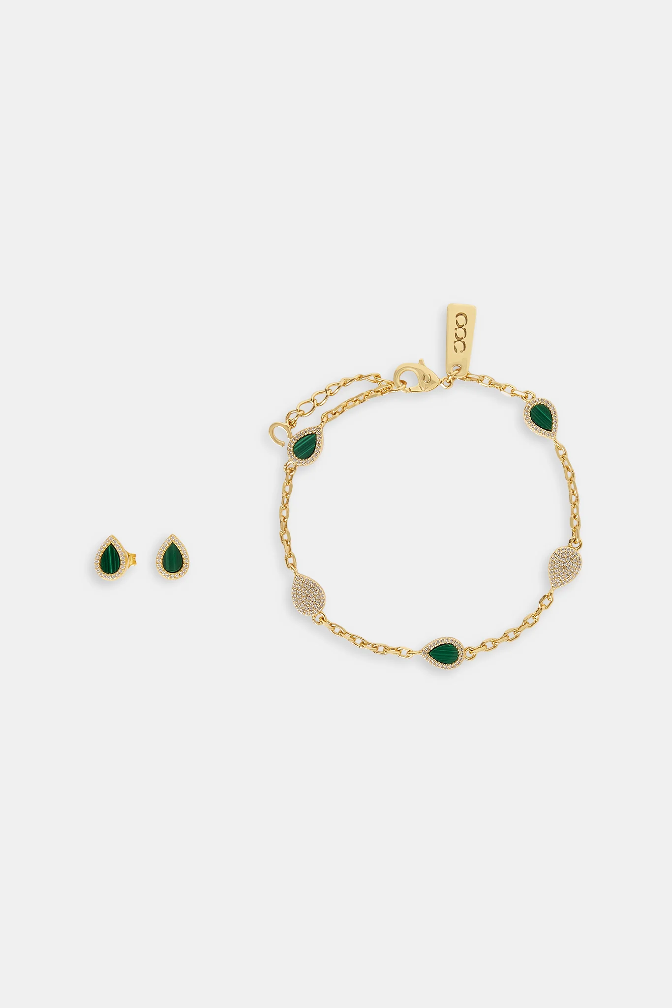 Green Malachite Stone Pear Rolo Bracelet & Stud Earrings - Image 2