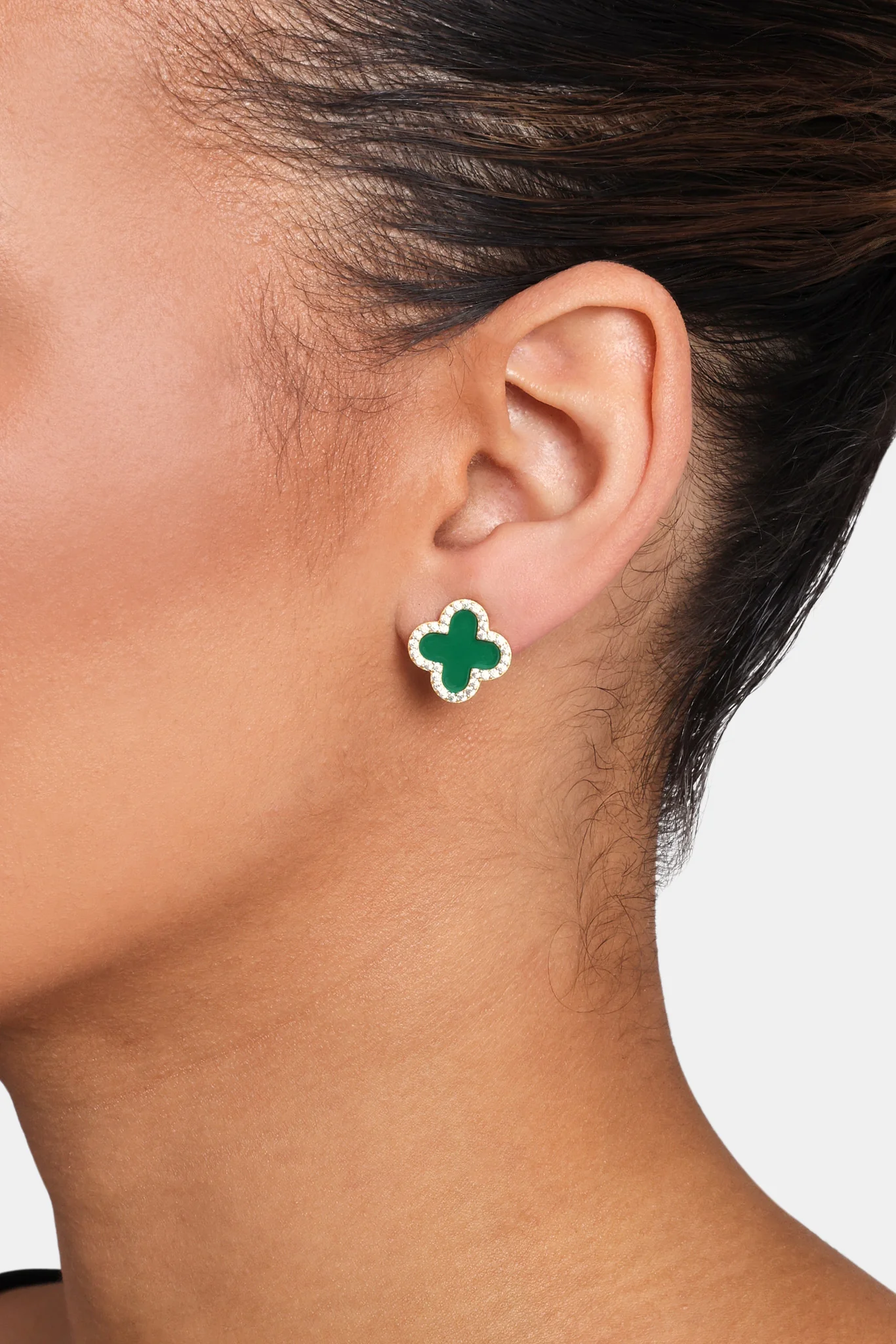 Green Motif Stud Earrings - Gold - Image 2