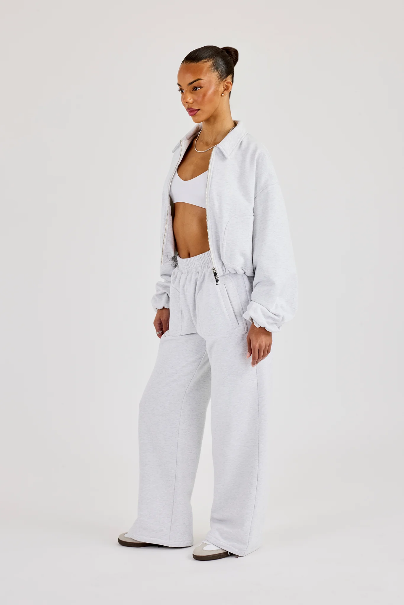 Heavyweight Jersey Collared Bomber Jacket & Wide Leg Jogger - Grey Marl