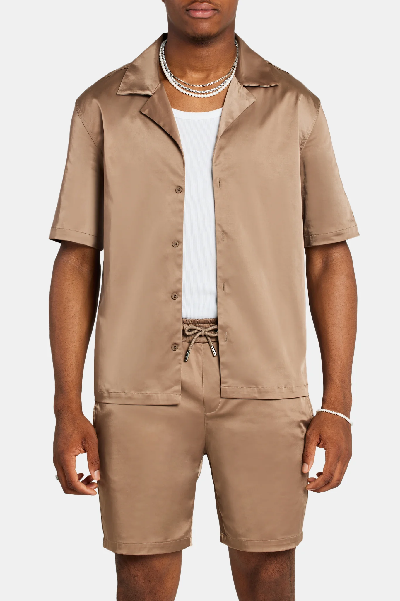 Heavyweight Boxy Fit Satin Shirt - Coffee - Image 2