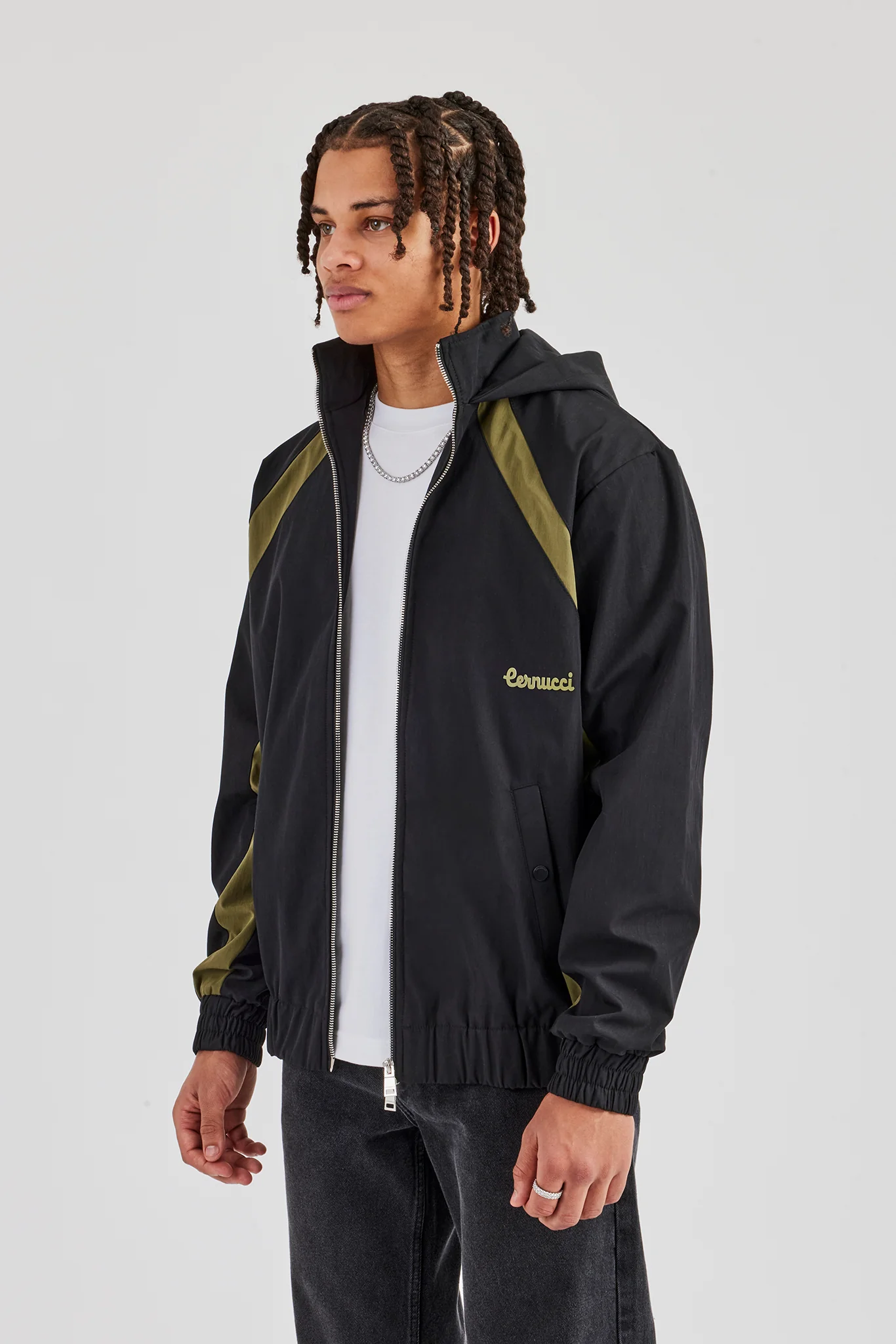 Hooded Nylon Contrast Block Jacket - Black - Image 2