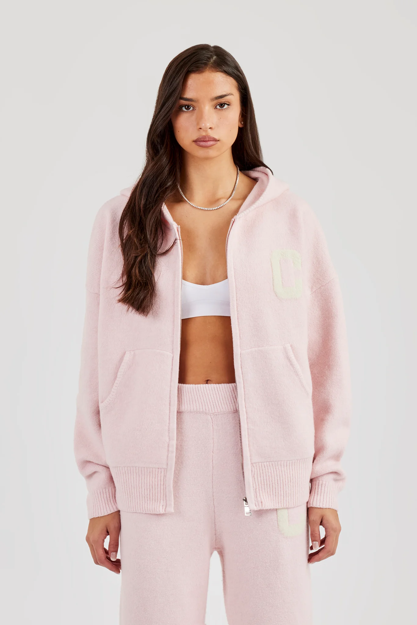 Hooded Zip Through Knitted Hoodie - Pink - Image 2