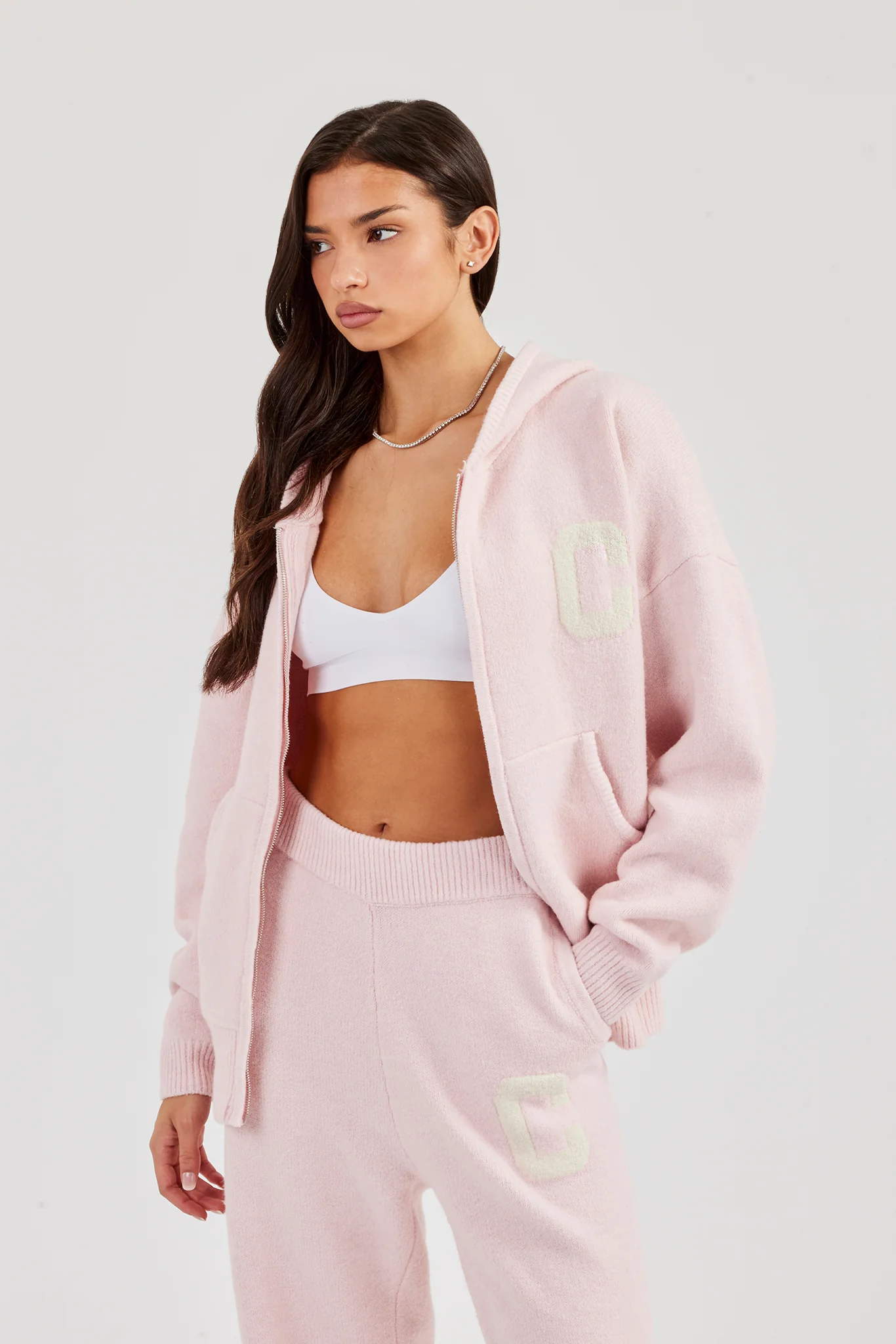 Hooded Zip Through Knitted Hoodie - Pink - Image 5