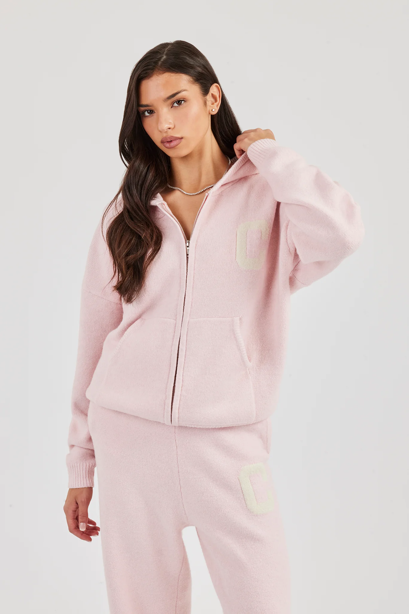 Hooded Zip Through Knitted Hoodie - Pink - Image 6