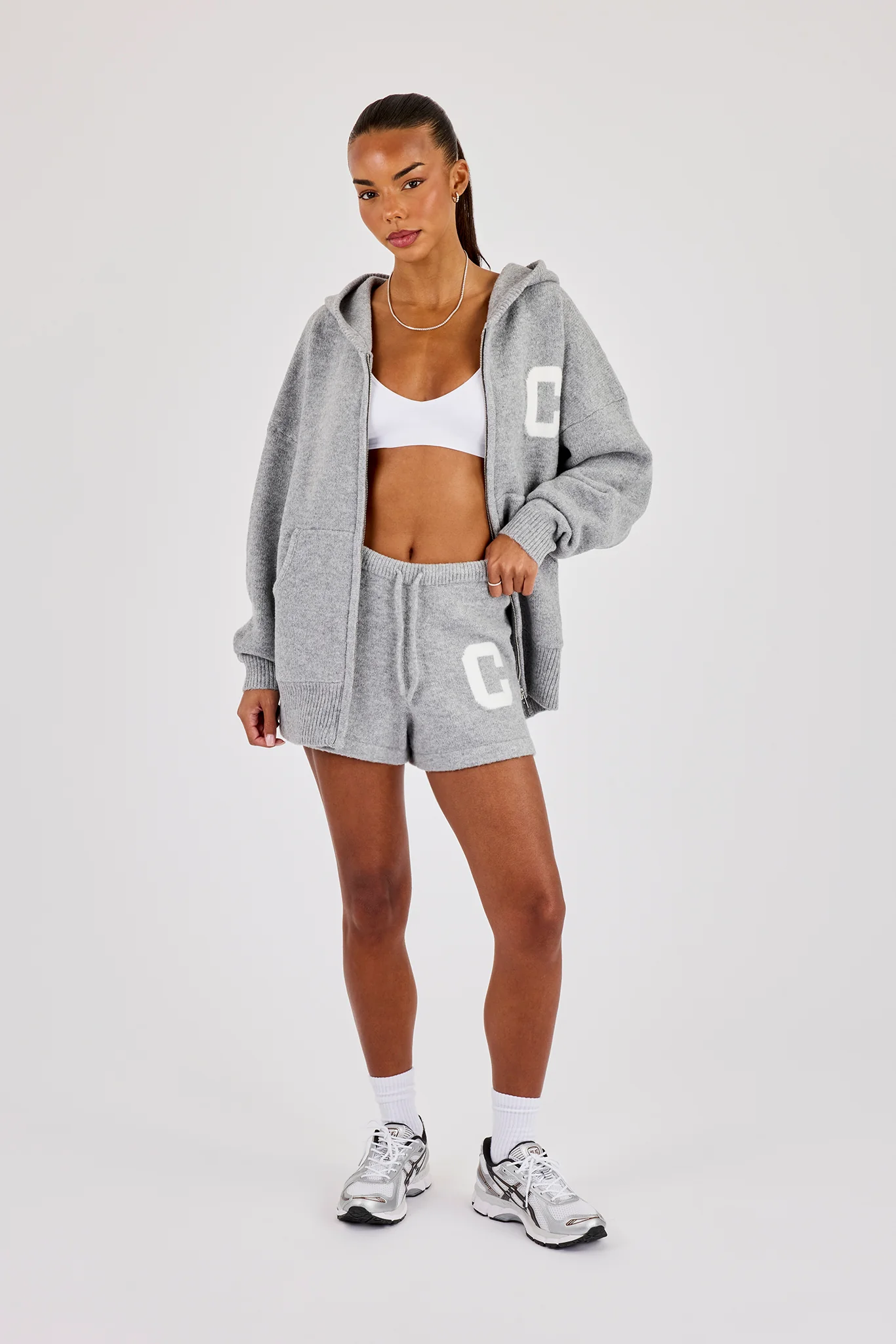 Hooded Zip Through Knitted Hoodie & Short - Grey - Image 3
