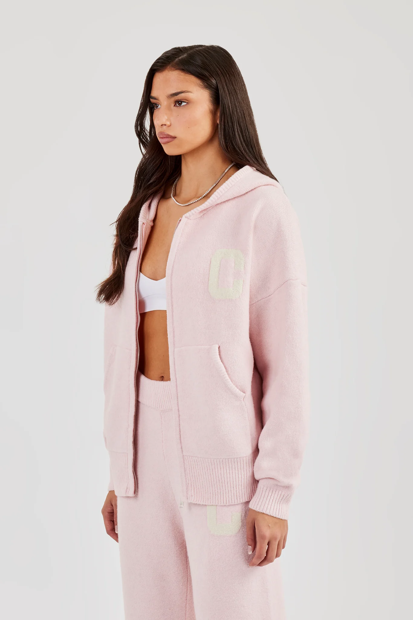 Hooded Zip Through Knitted Jumper - Baby Pink - Image 7