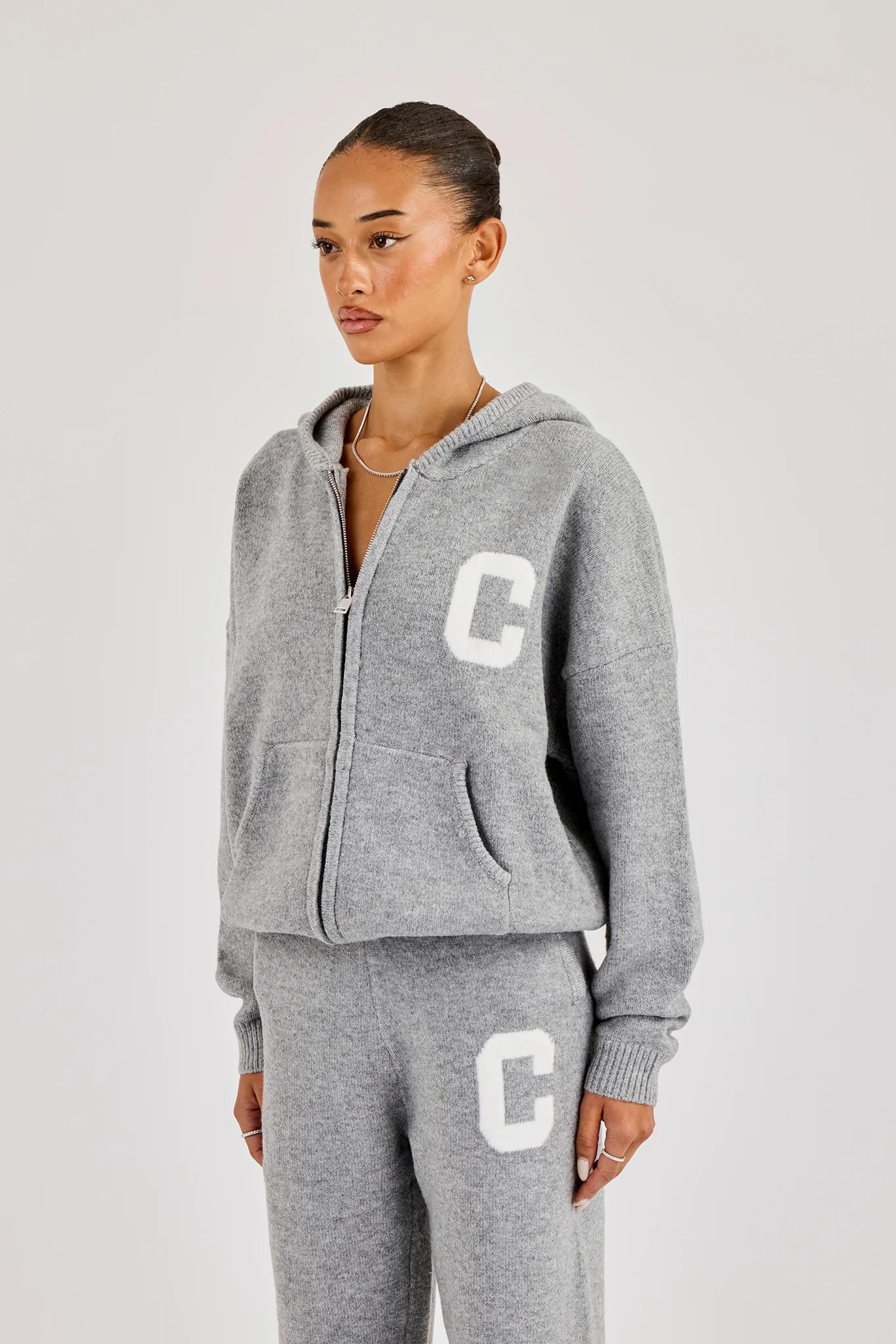 Hooded Zip Through Knitted Jumper - Grey - Image 3